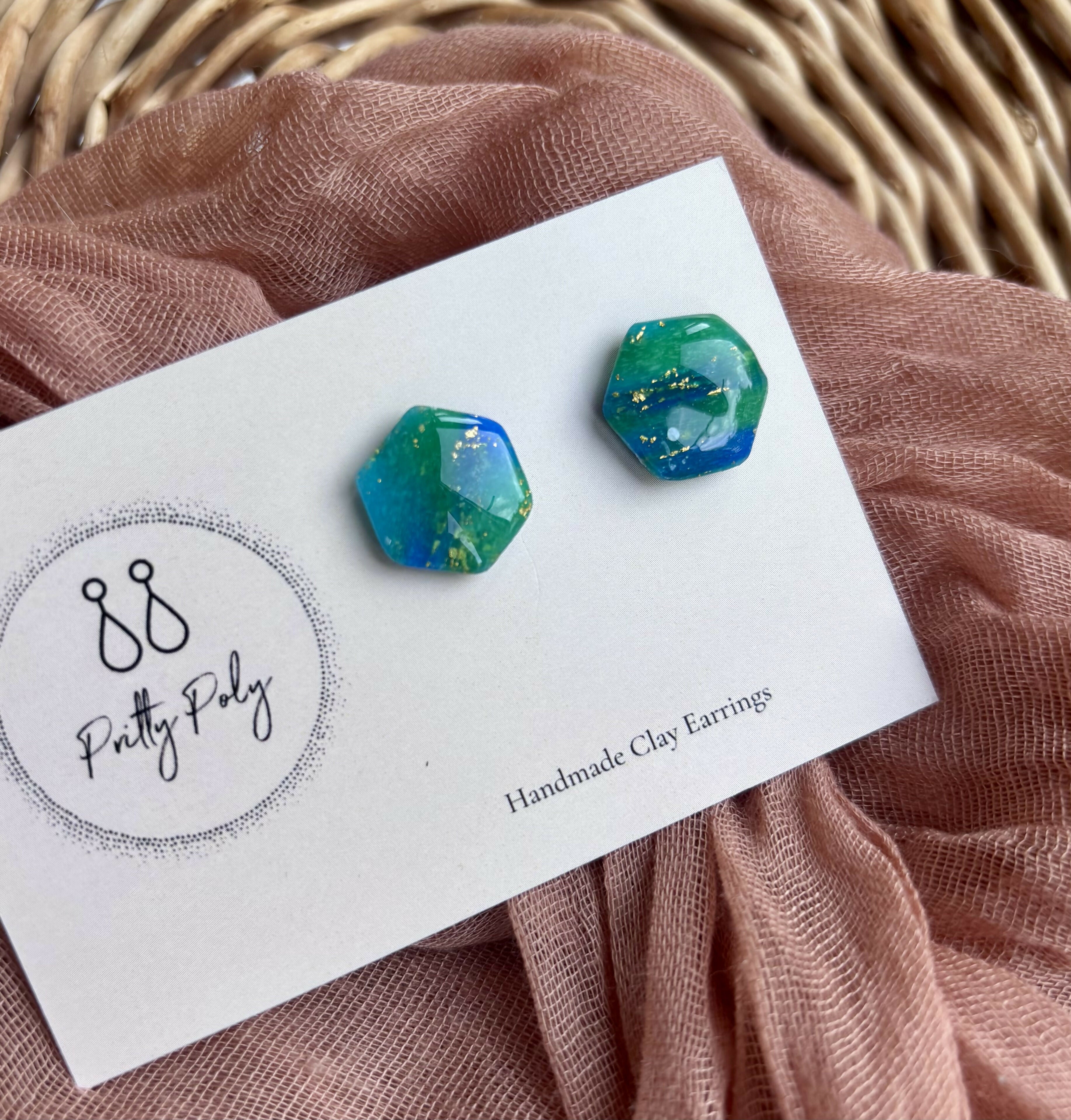 Blue and Gold Fleck Pentagon Polymer Clay Studs