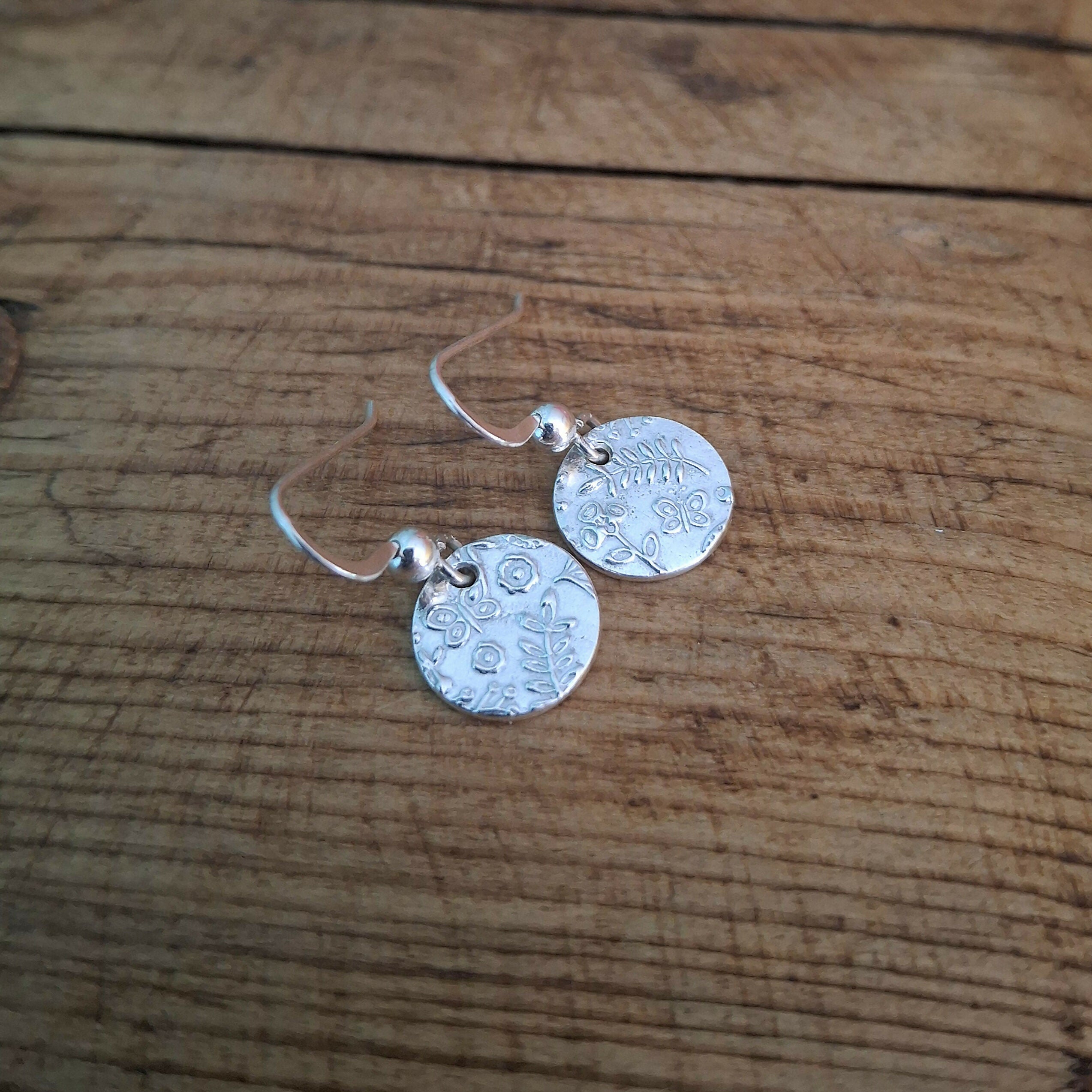Handmade Round Silver Earrings Botanical Texture