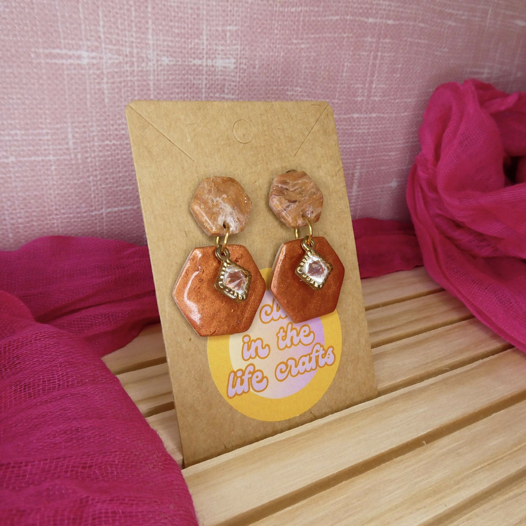 Rust Orange Shimmery Hexagon Polymer Clay Earrings