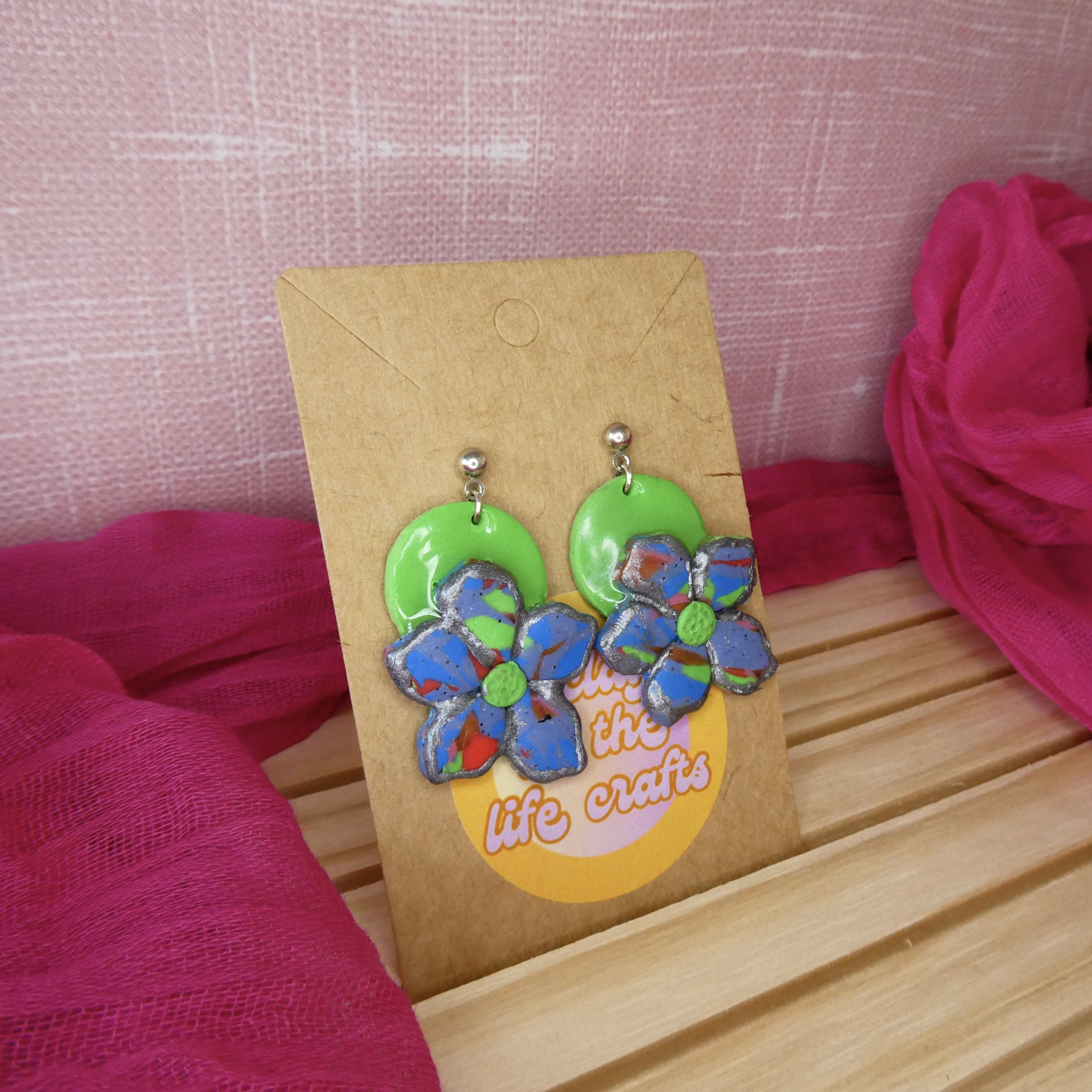 Green Modern Flower Polymer Clay Earrings