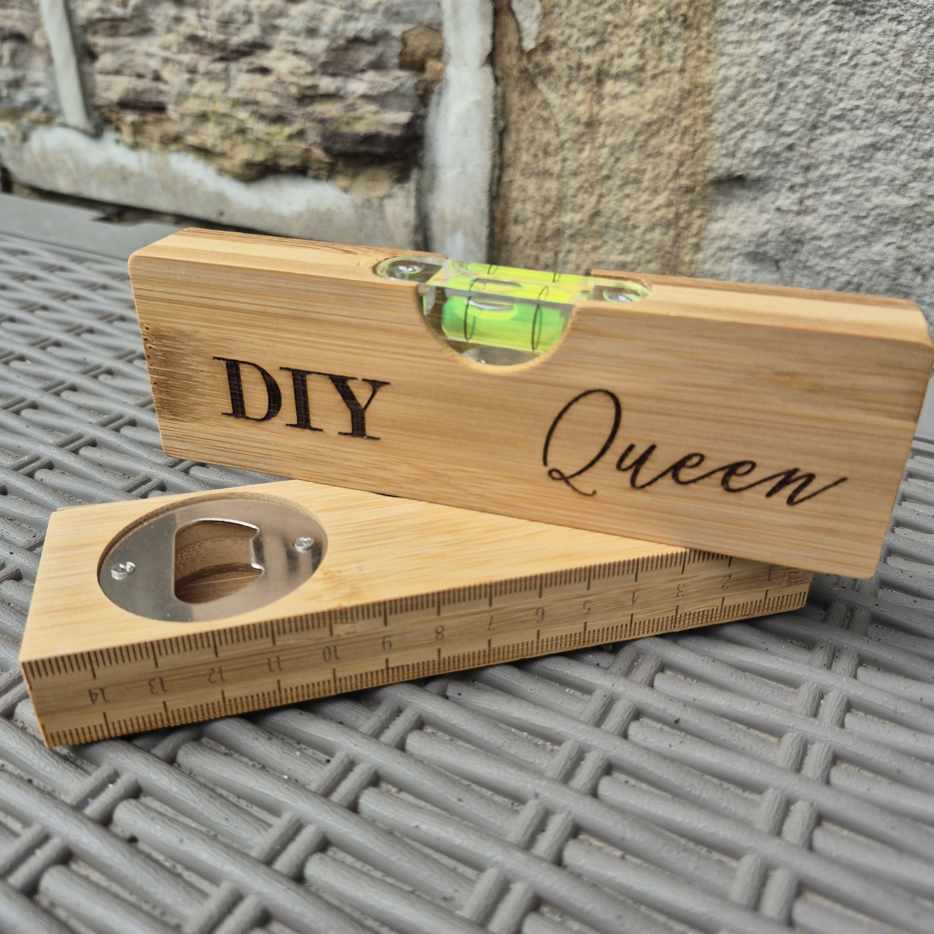 Engraved Bamboo Spirit Level – Ruler Base, Bottle Opener & Engraved Front – Unique Gift for DIY Lovers - Mum