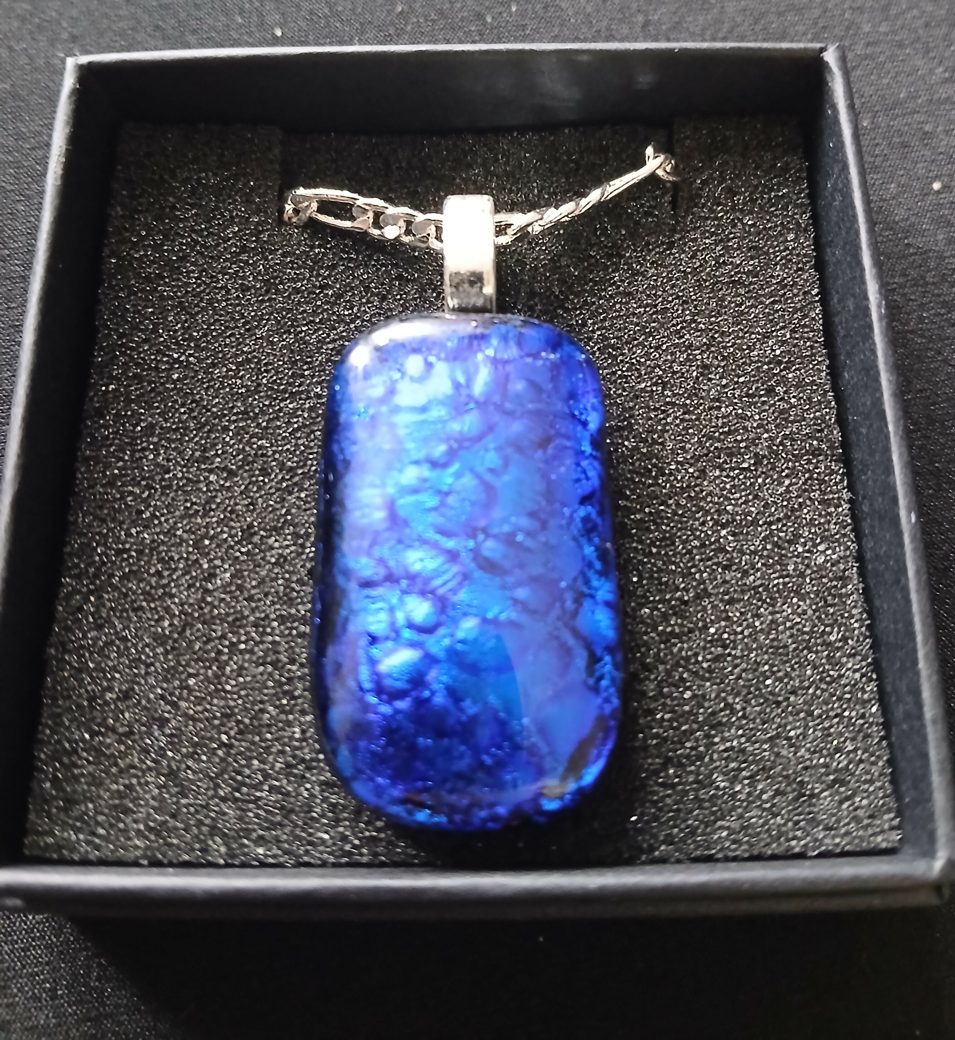 Fused Dichroic Glass Rectangular Pendant With a Chain Necklace (Blue)
