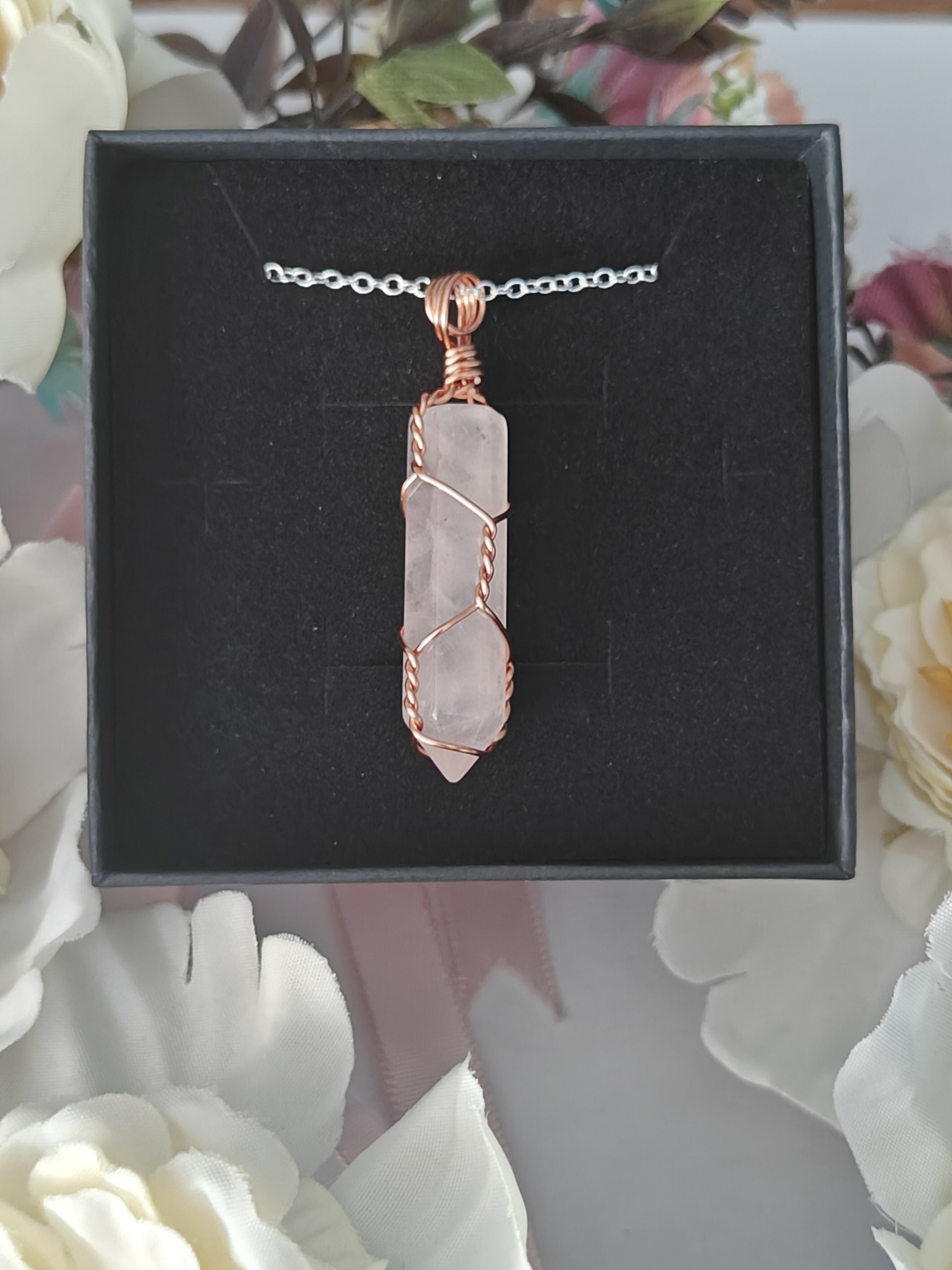Rose Quartz Wire Wrapped Crystal Point Necklace on Sterling Silver Chain
