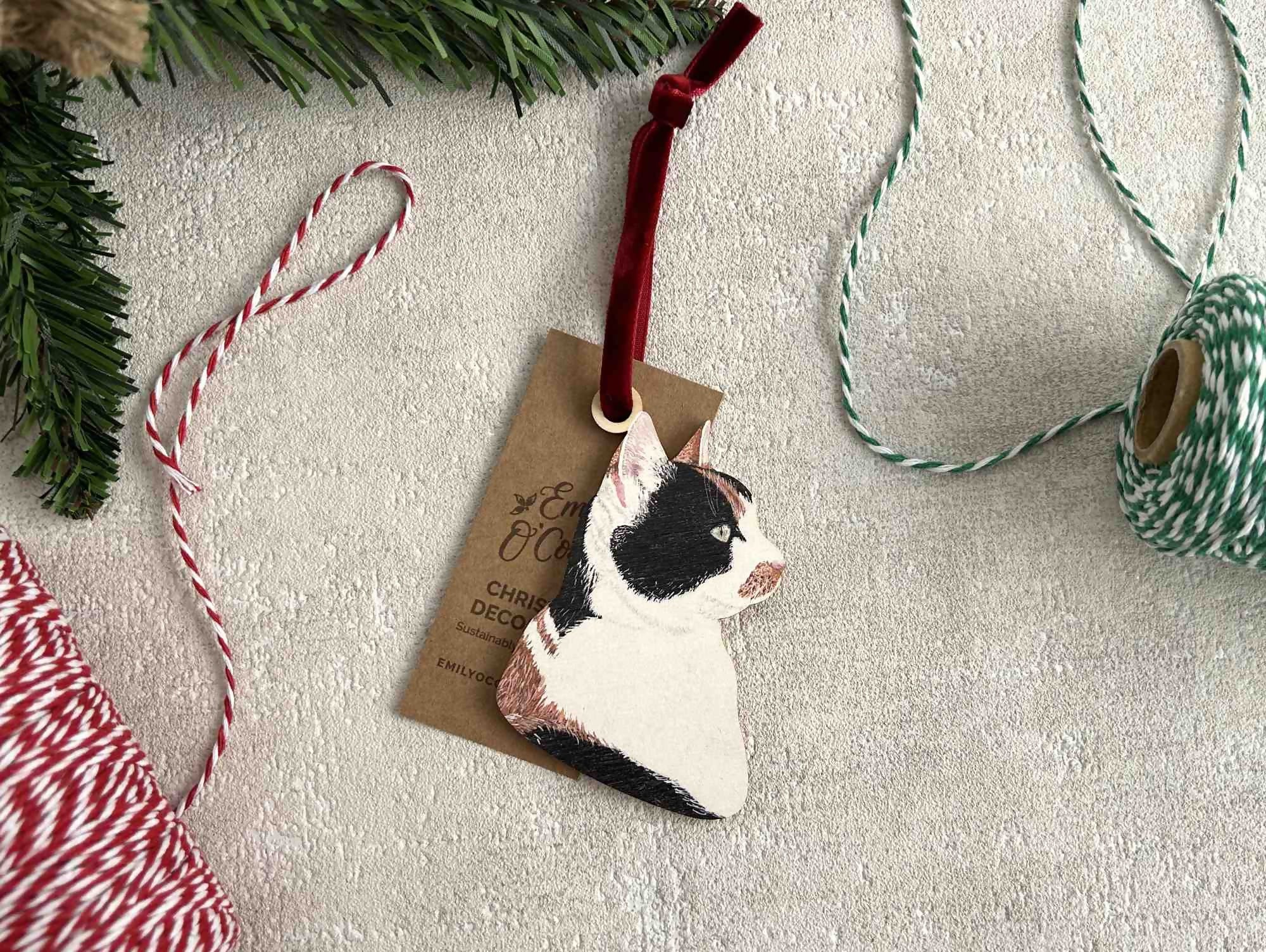 Calico Cat Wooden Christmas Tree Decoration