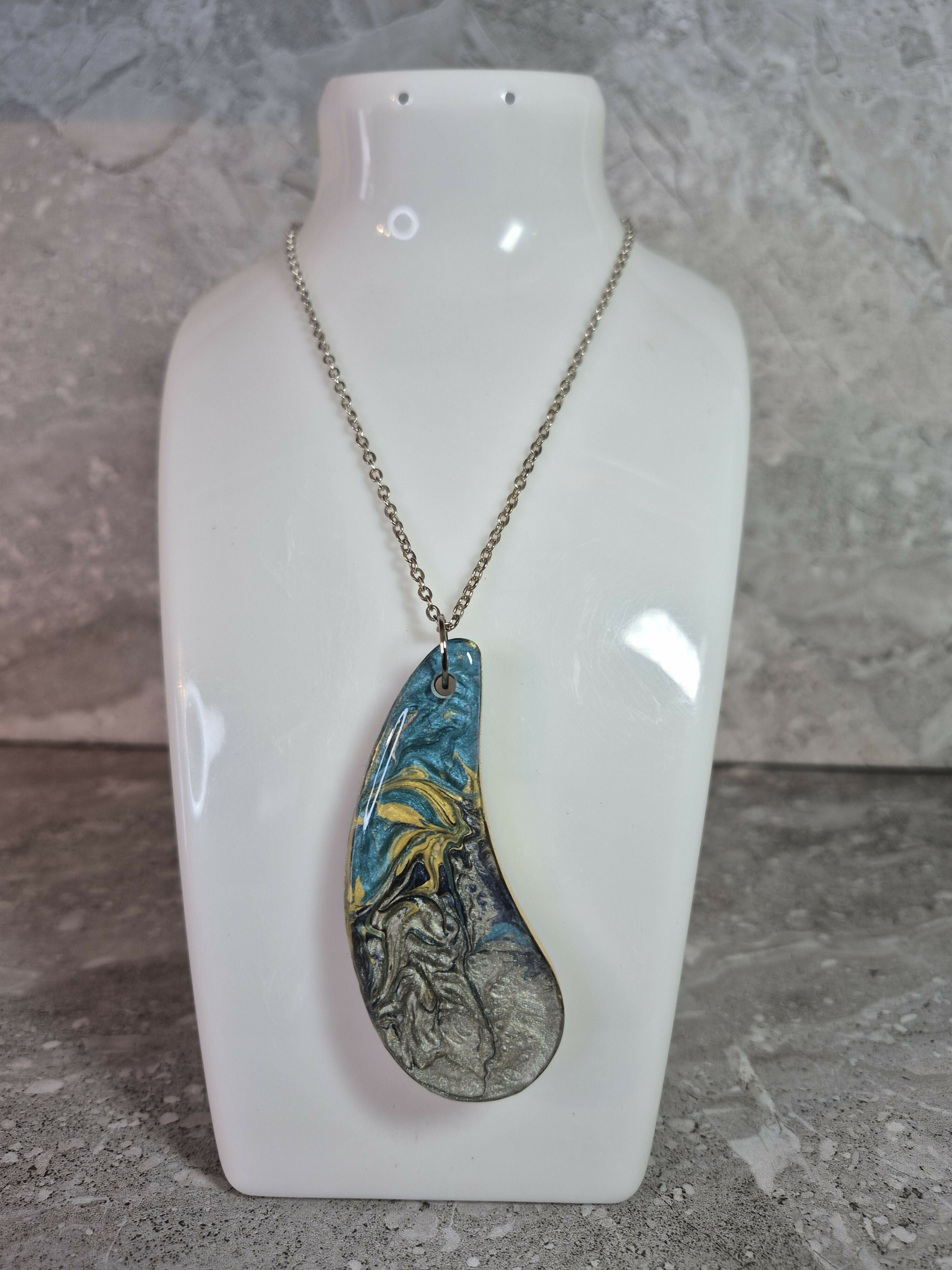 Unique Hand Crafted Pendant With Cyan, Blue, Gold and Silver Marble Effect