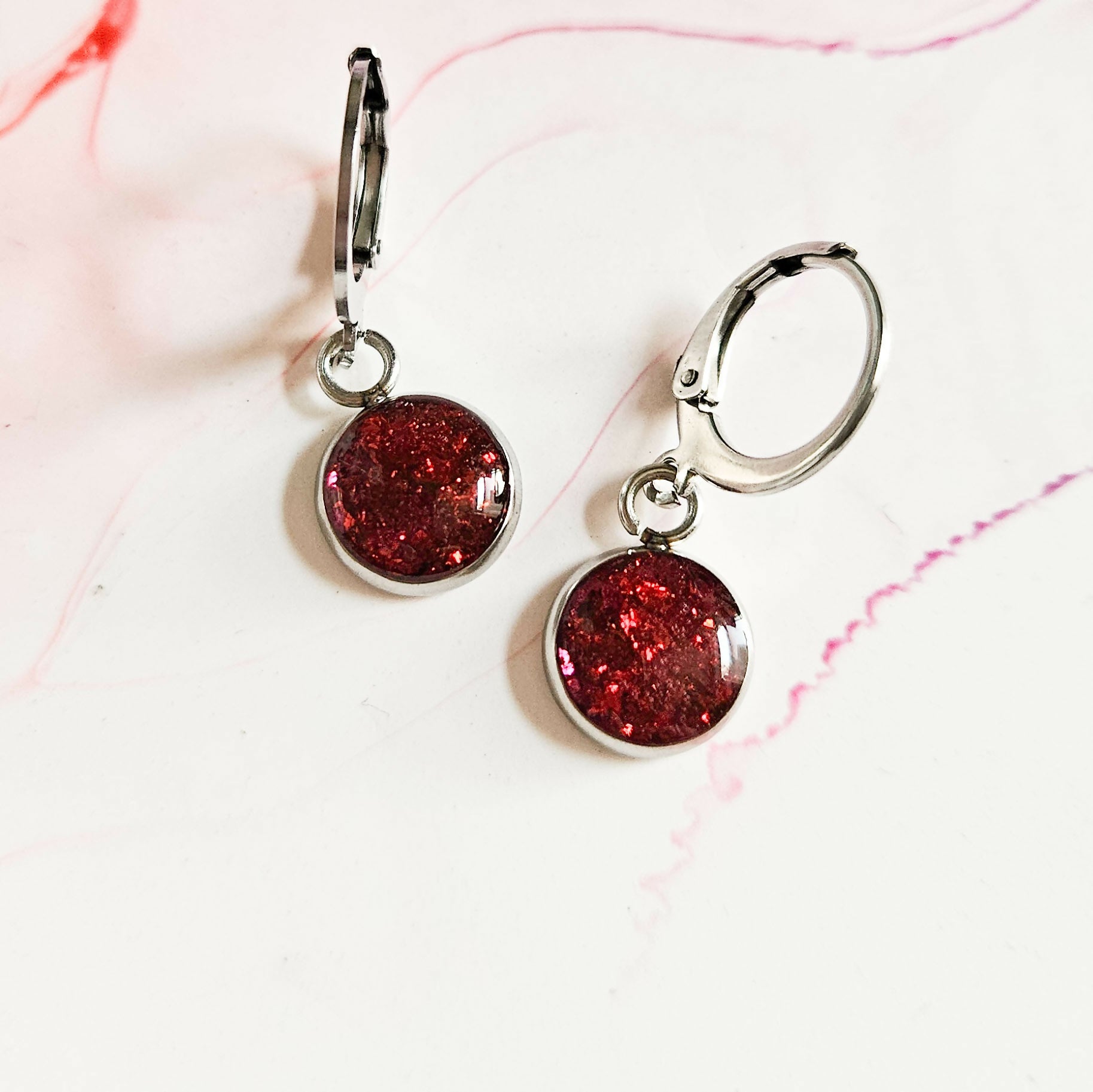 Handmade Pink And Red Leaf Resin And Stainless Steel Huggie Hoops Silver Or Gold