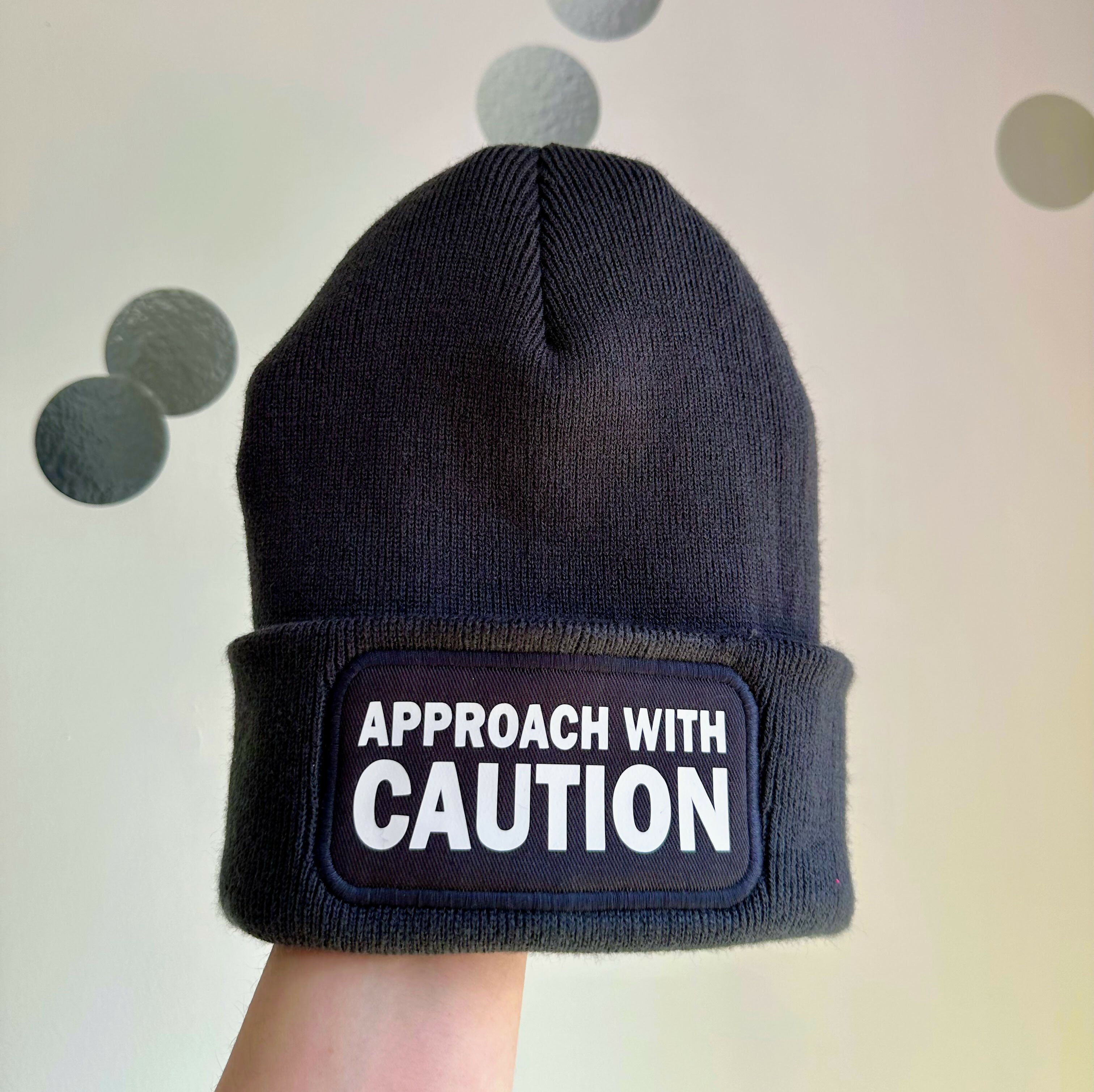 Approach With Caution Cuffed Rectangular Patch Beanie Hat