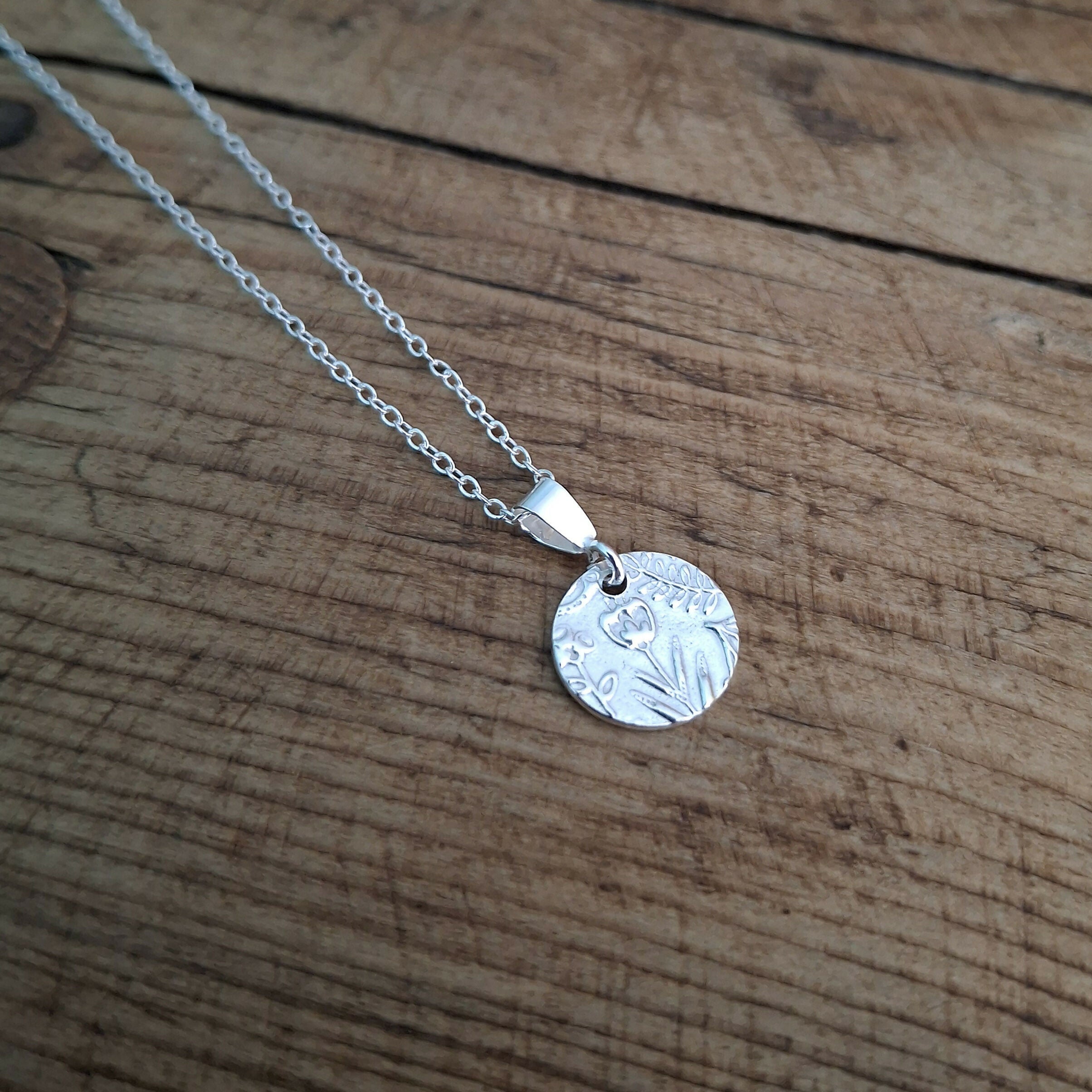 Handmade Round Silver Charm Necklace Botanical Texture