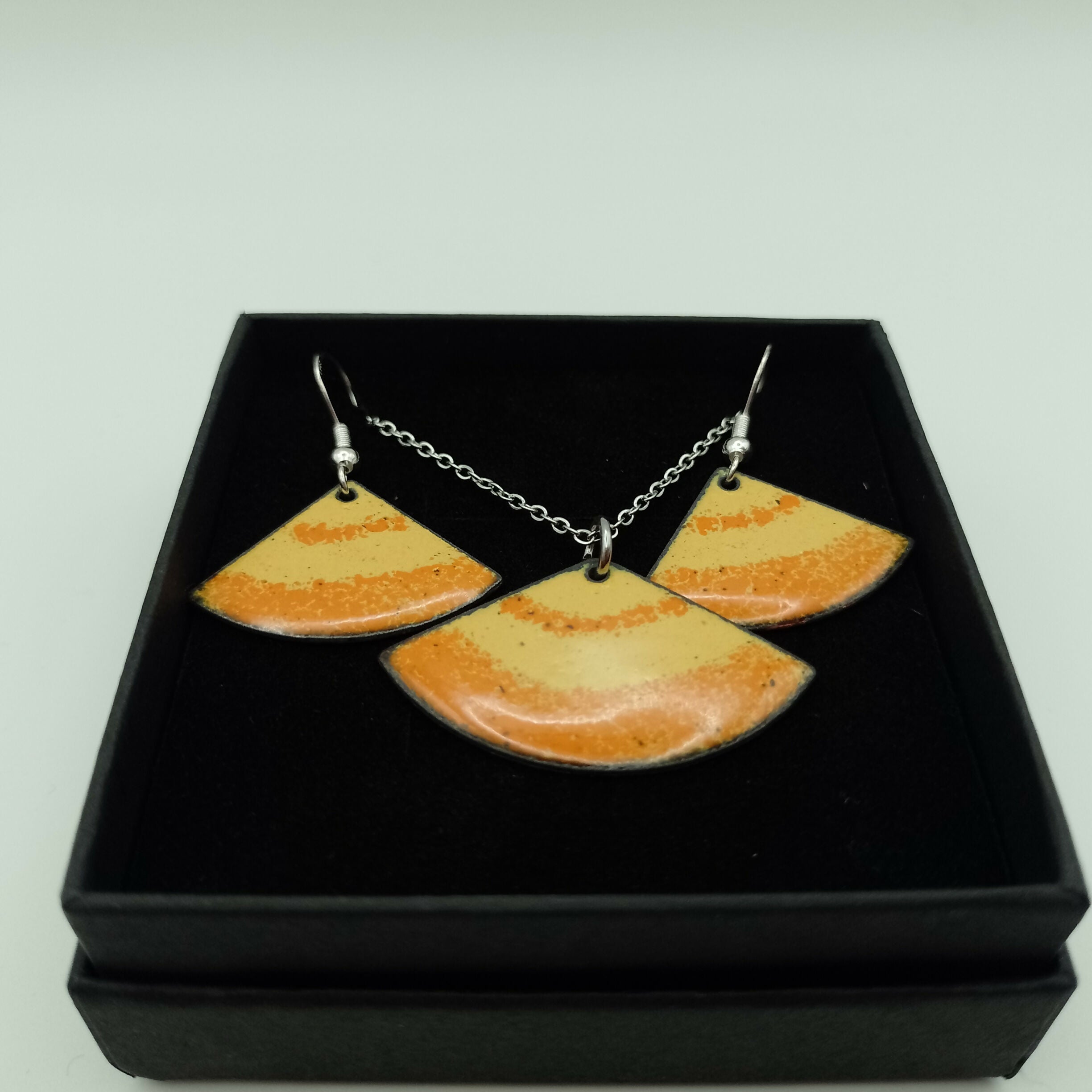 Yellow and Tangerine Orange Fan Enamel Earring and Pendant Set
