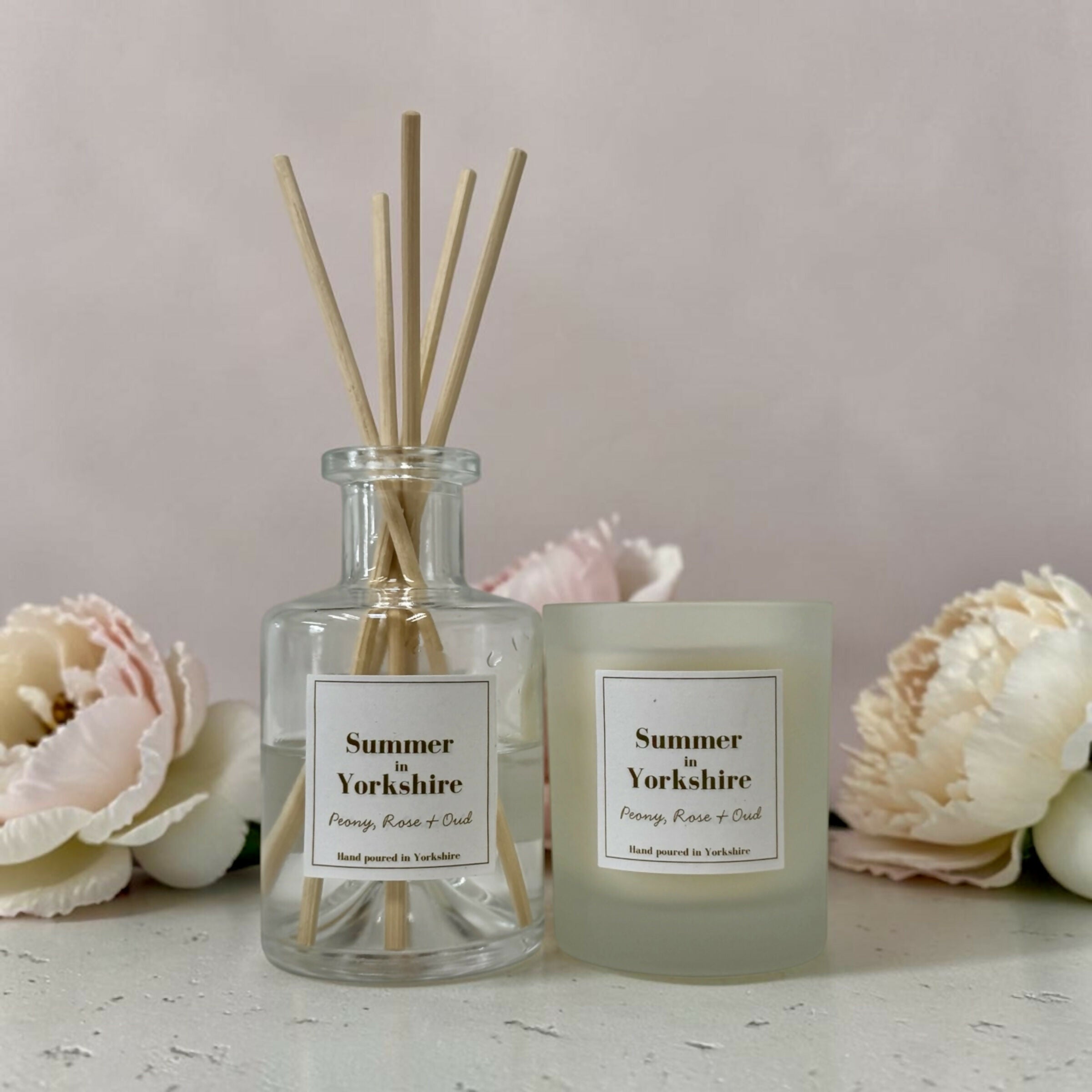 Summer in Yorkshire Gift Set - Peony, Rose and Oud Candle 160g and Diffuser 100ml