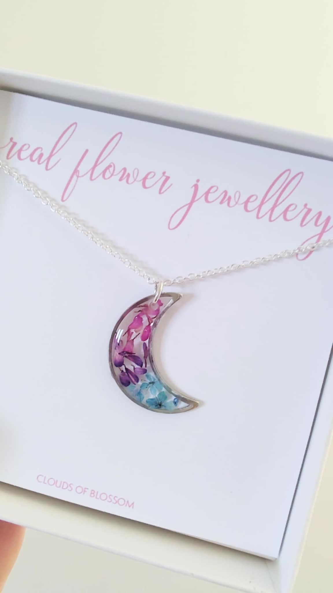 Real Flower Moon Necklace Silver Plated