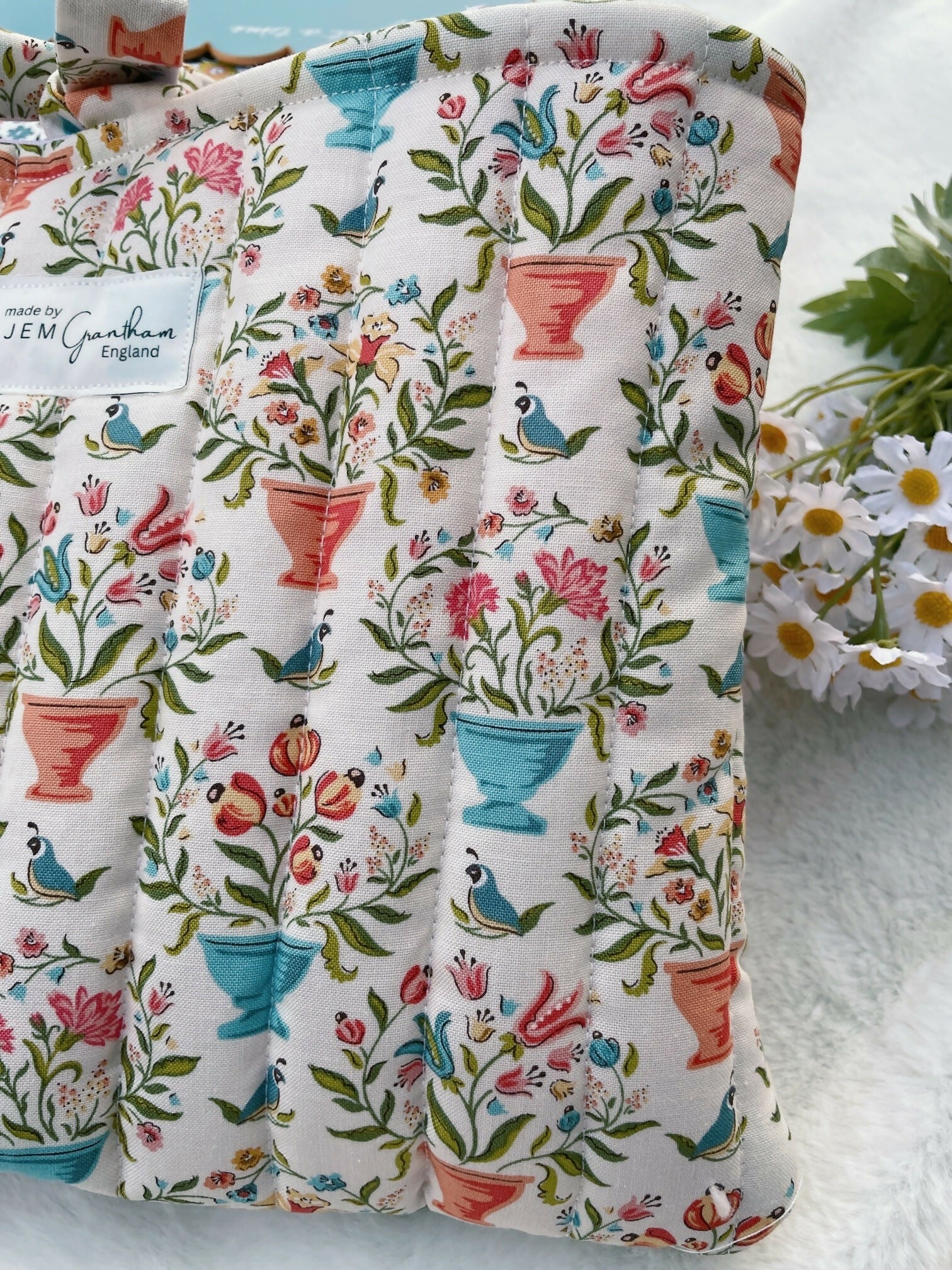 Handmade Quilted Book Sleeve Cream Flower Pot Print