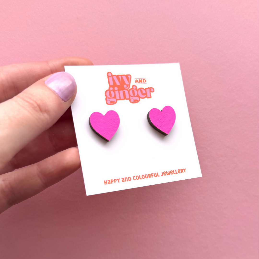 Hand Painted Midi Neon Pink Heart Stud Earrings