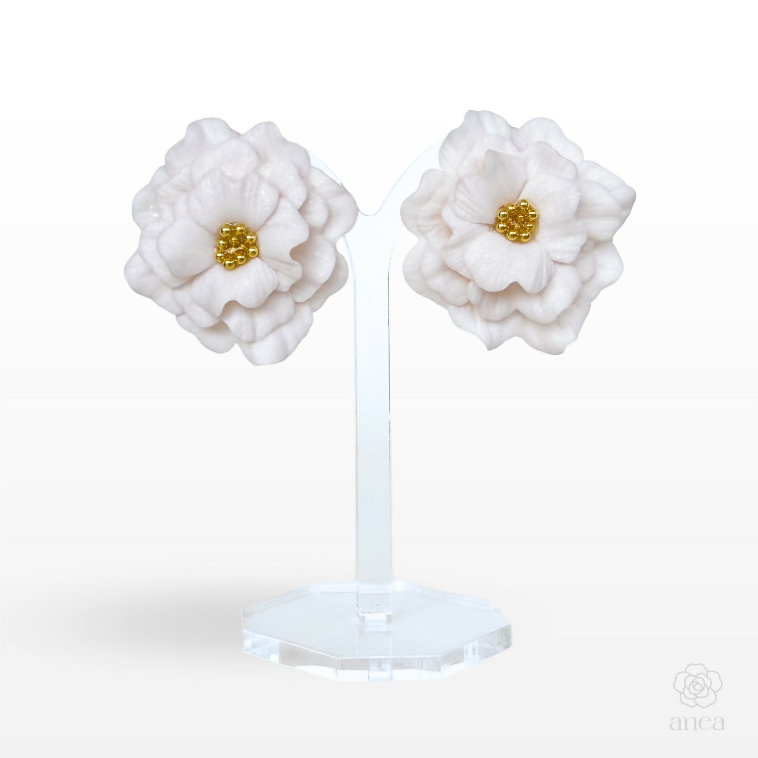 Large Floral Statement Earrings with Gold Bead Centre in White