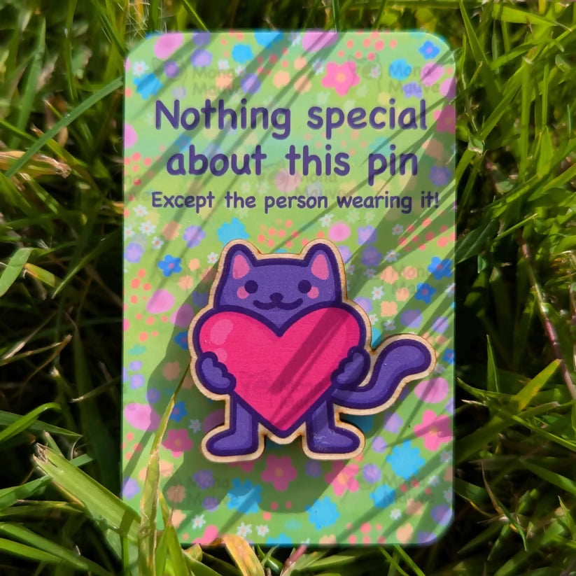 Wooden Pin Badge - Cat With Heart