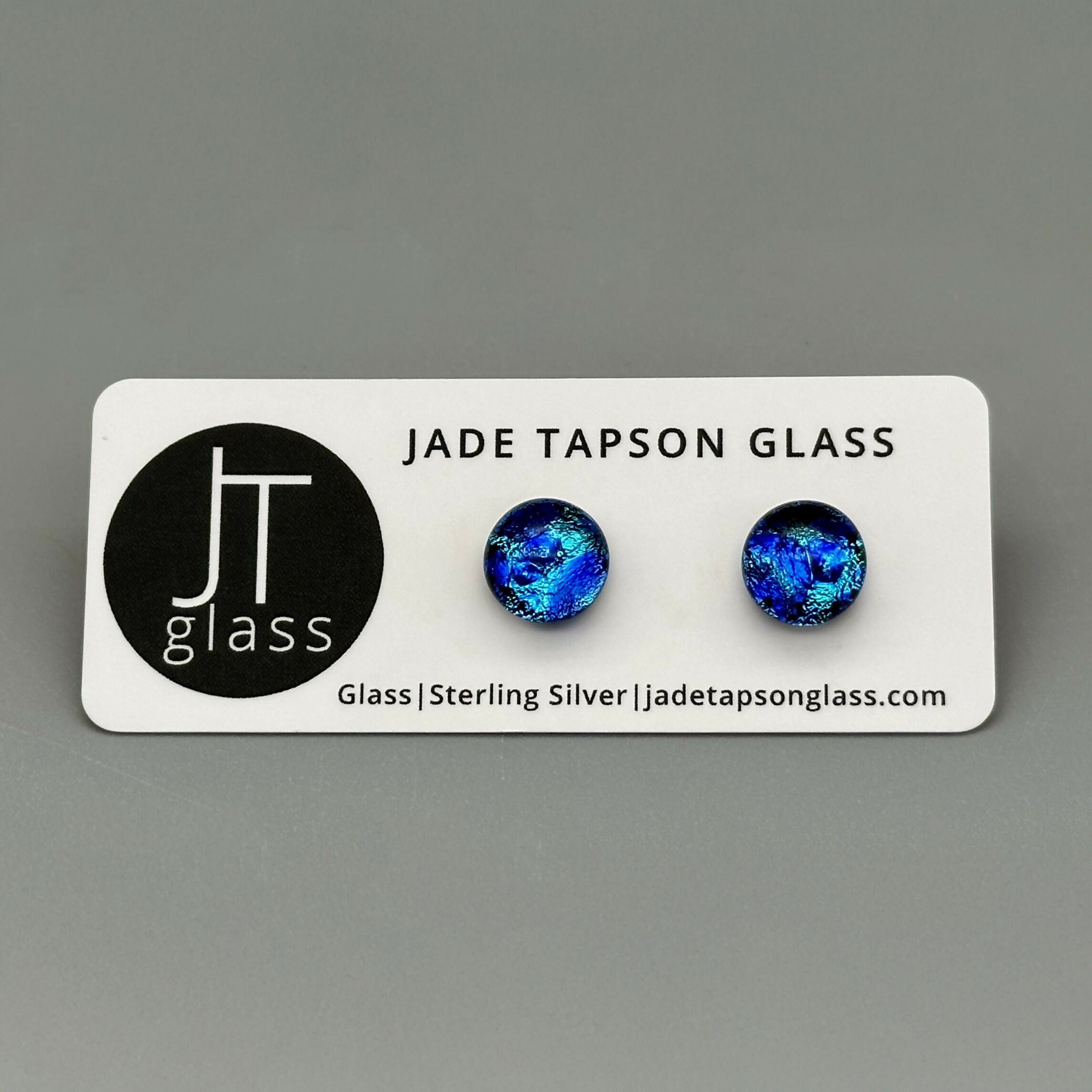 Blue Raindrop Dichroic Fused Glass Sterling Silver Stud Earrings - Handmade by Jade Tapson Glass.