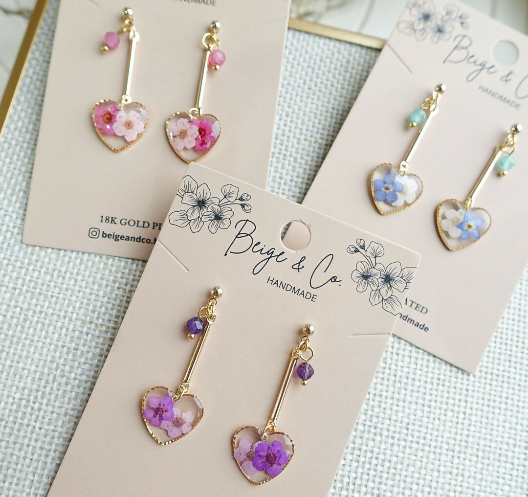 Long Sparkly Heart, Real Flower Earrings