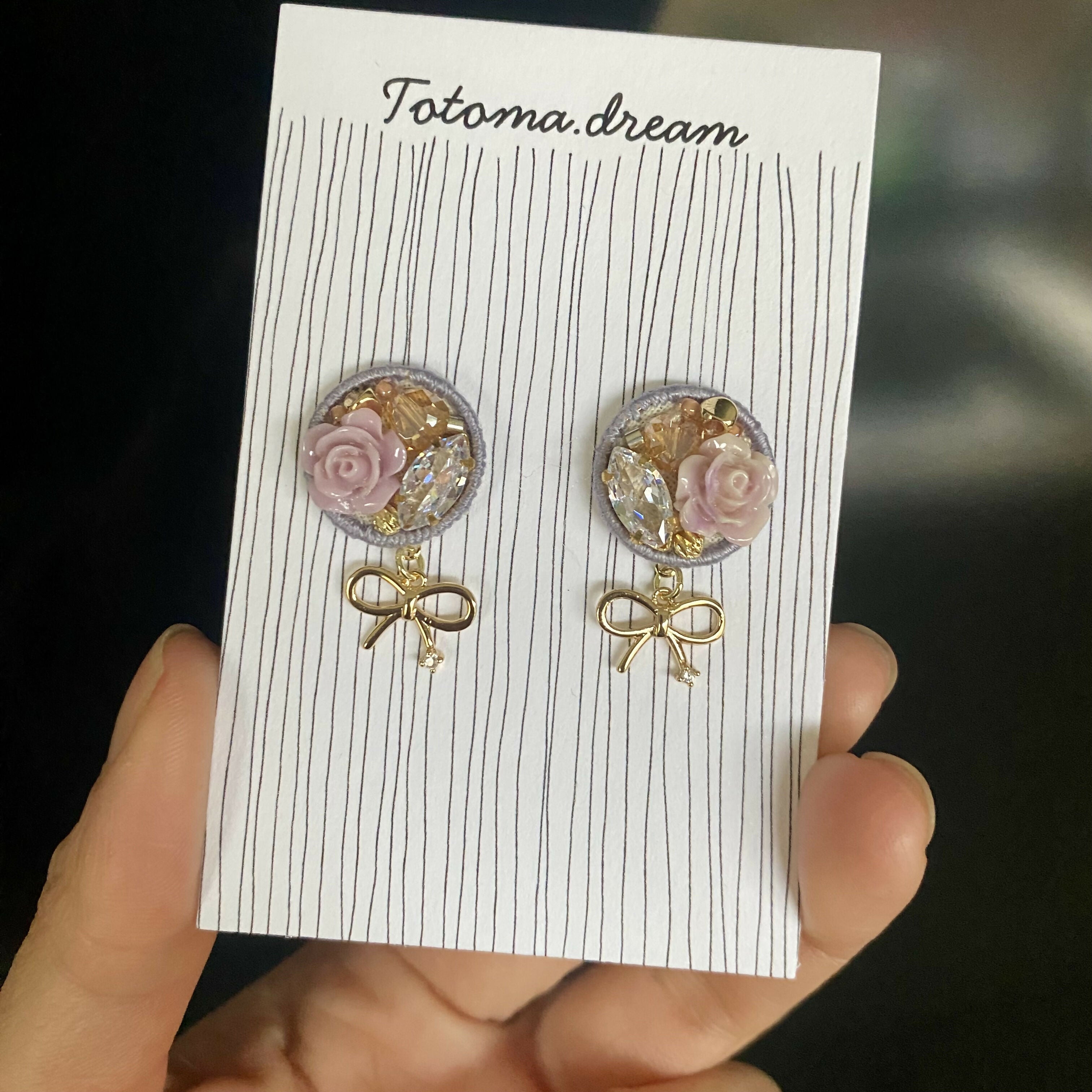 Crystal Embroidery Earrings with Ribbon Charm