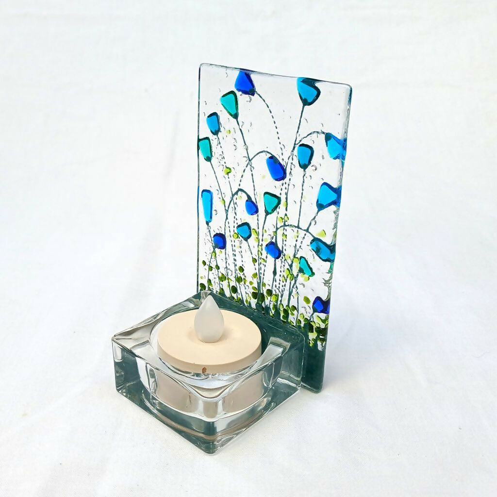 Handmade Fused Glass Tea Light Holder With Blue Flowers