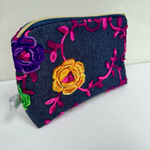 Pouch - Embroidered Flowers on Denim