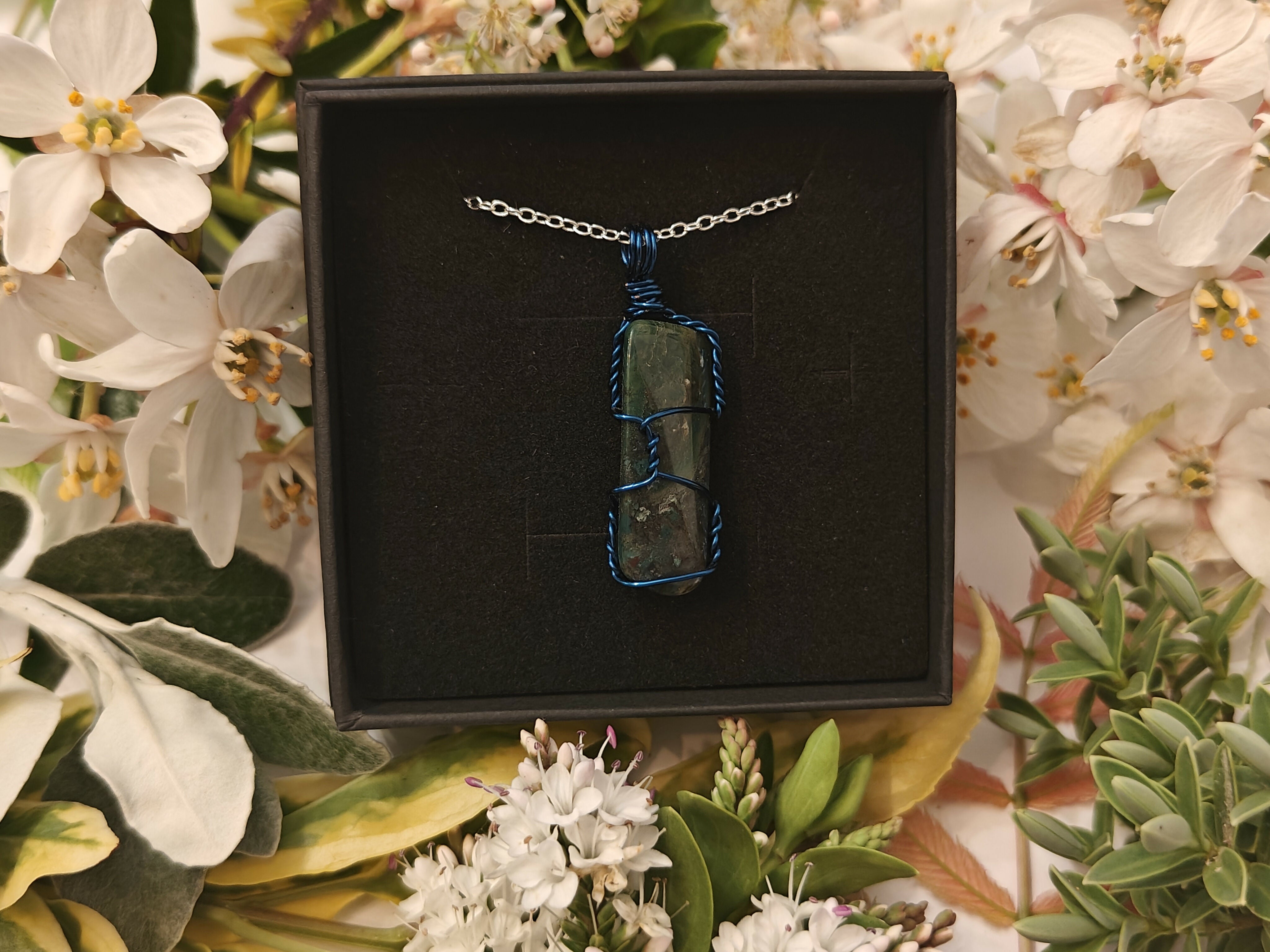 Jasper Wire Wrapped Crystal Necklace on Sterling Silver Chain