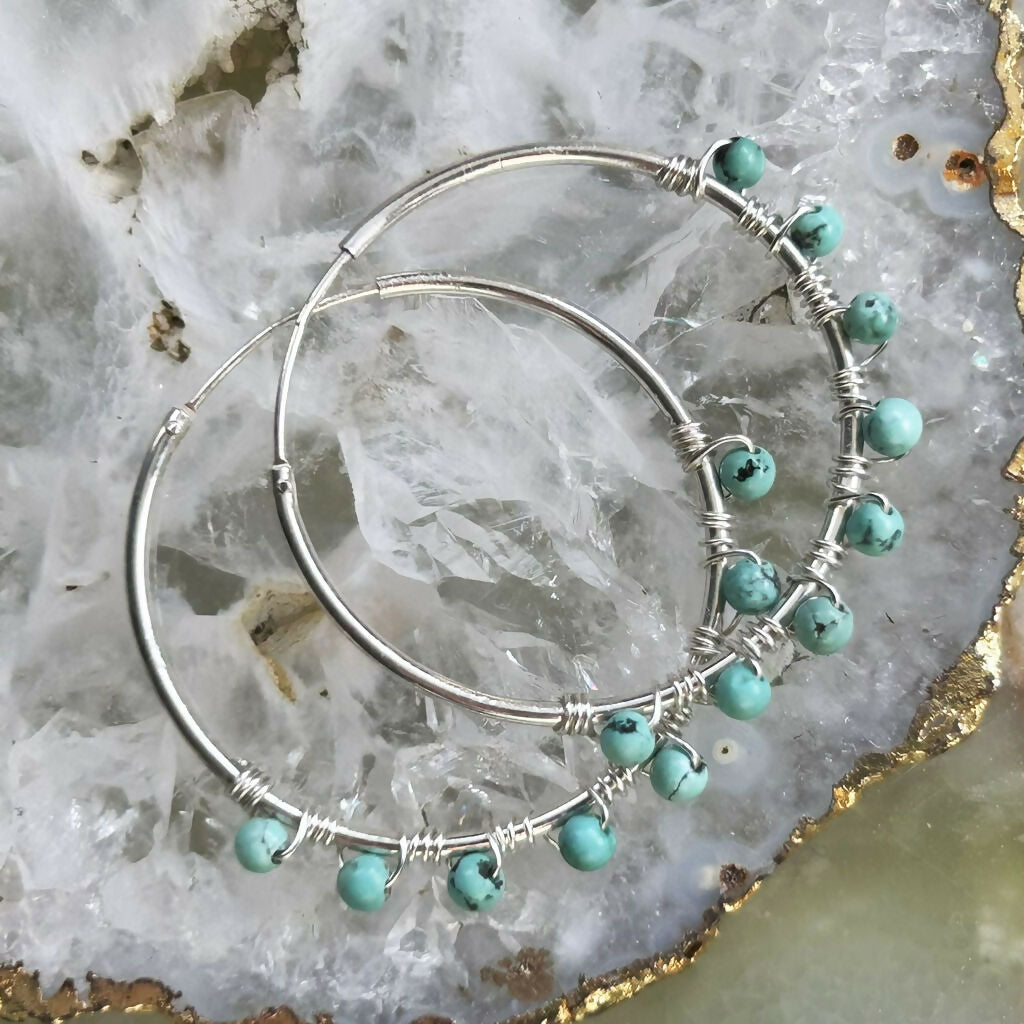 Handmade Sterling Silver Turquoise Beaded Hoop Earrings