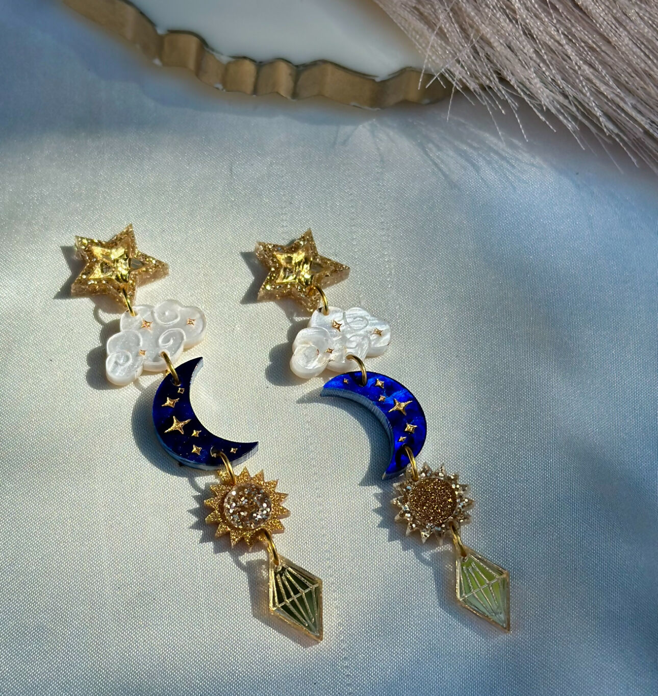 Dreamy, Celestial, Sun, Moon And Star Dangly Statement Earrings