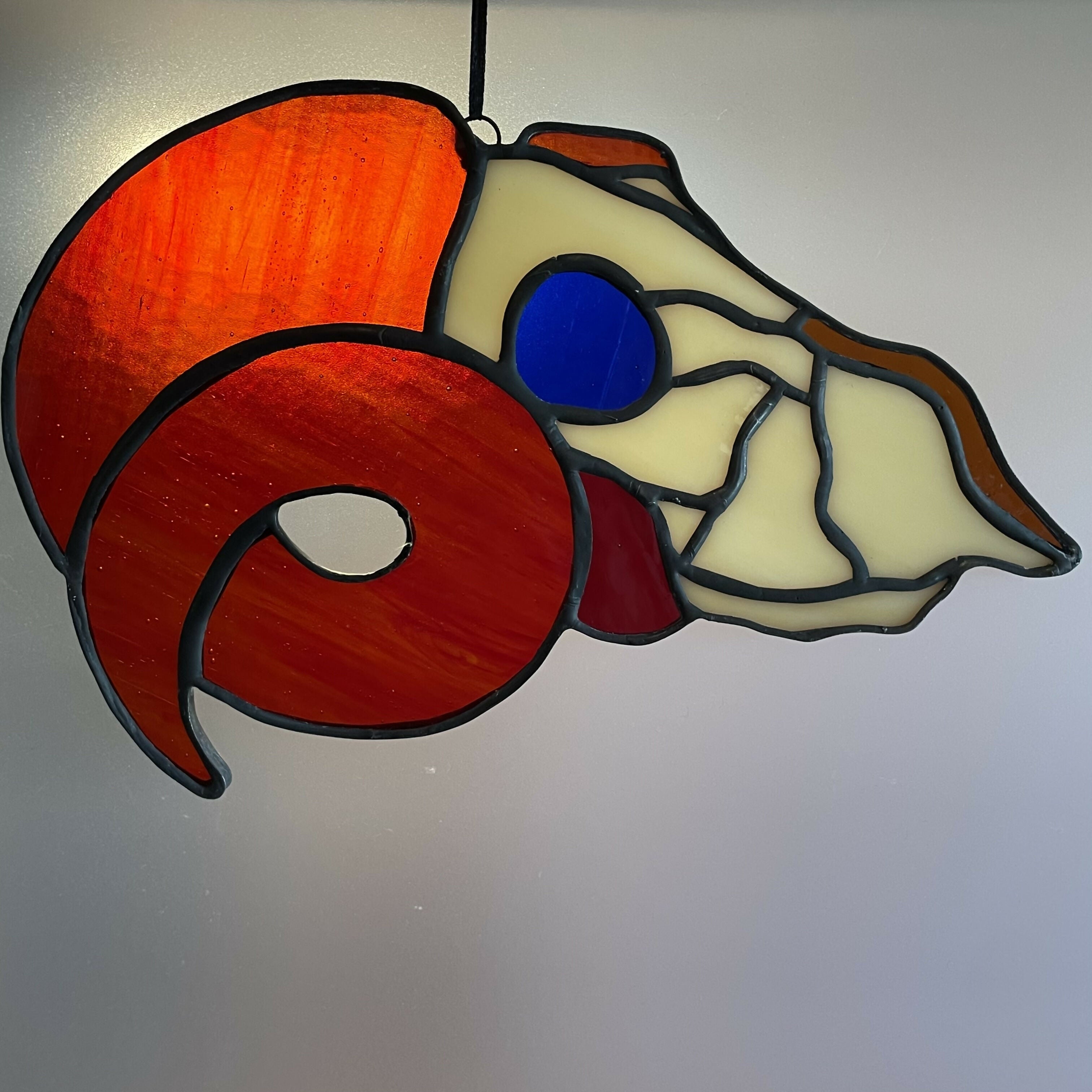 Stained Glass Sheep Skull with Red Horn