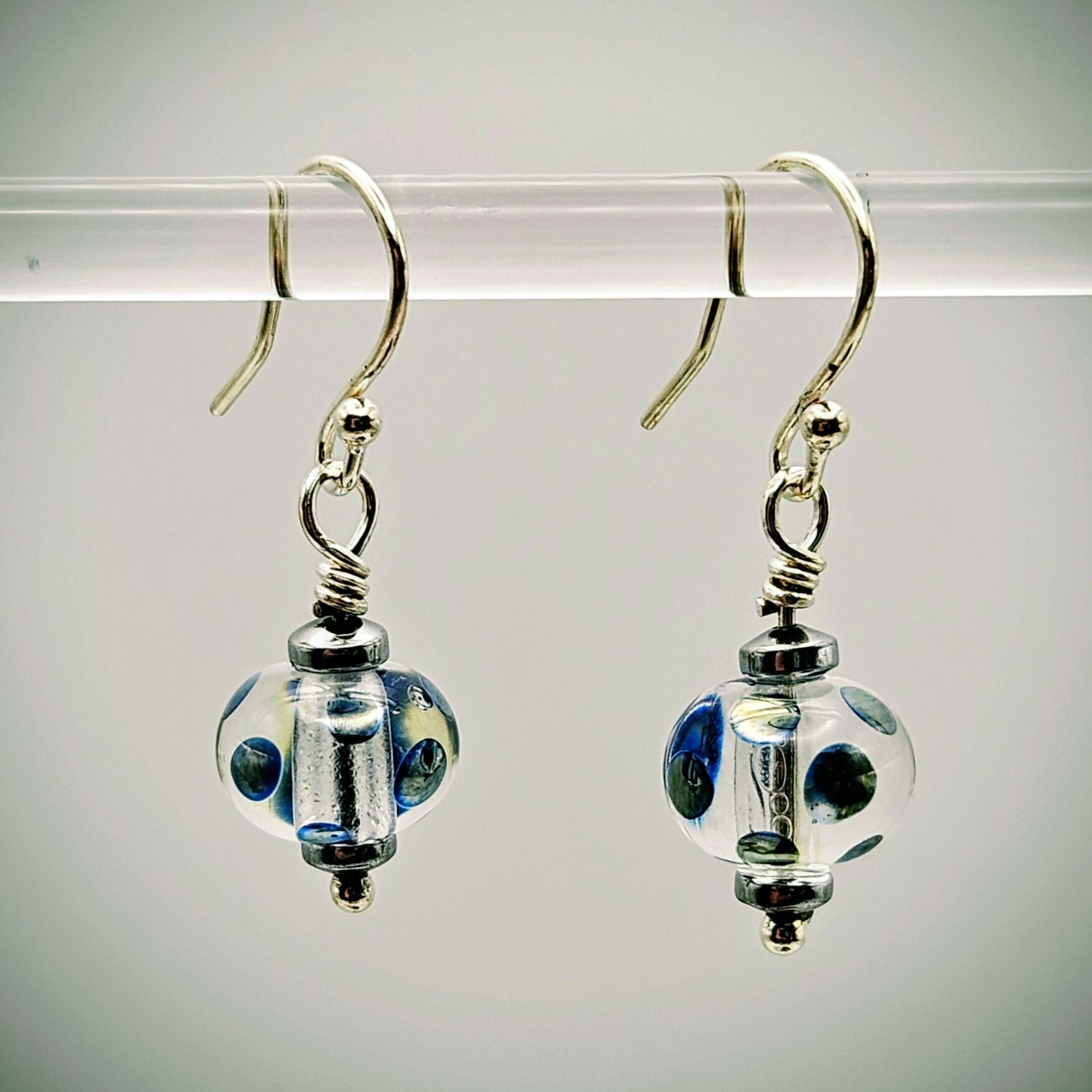 HAND LAMPWORKED, GLASS SPOTTY EARRINGS, WITH STERLING SILVER EAR WIRES