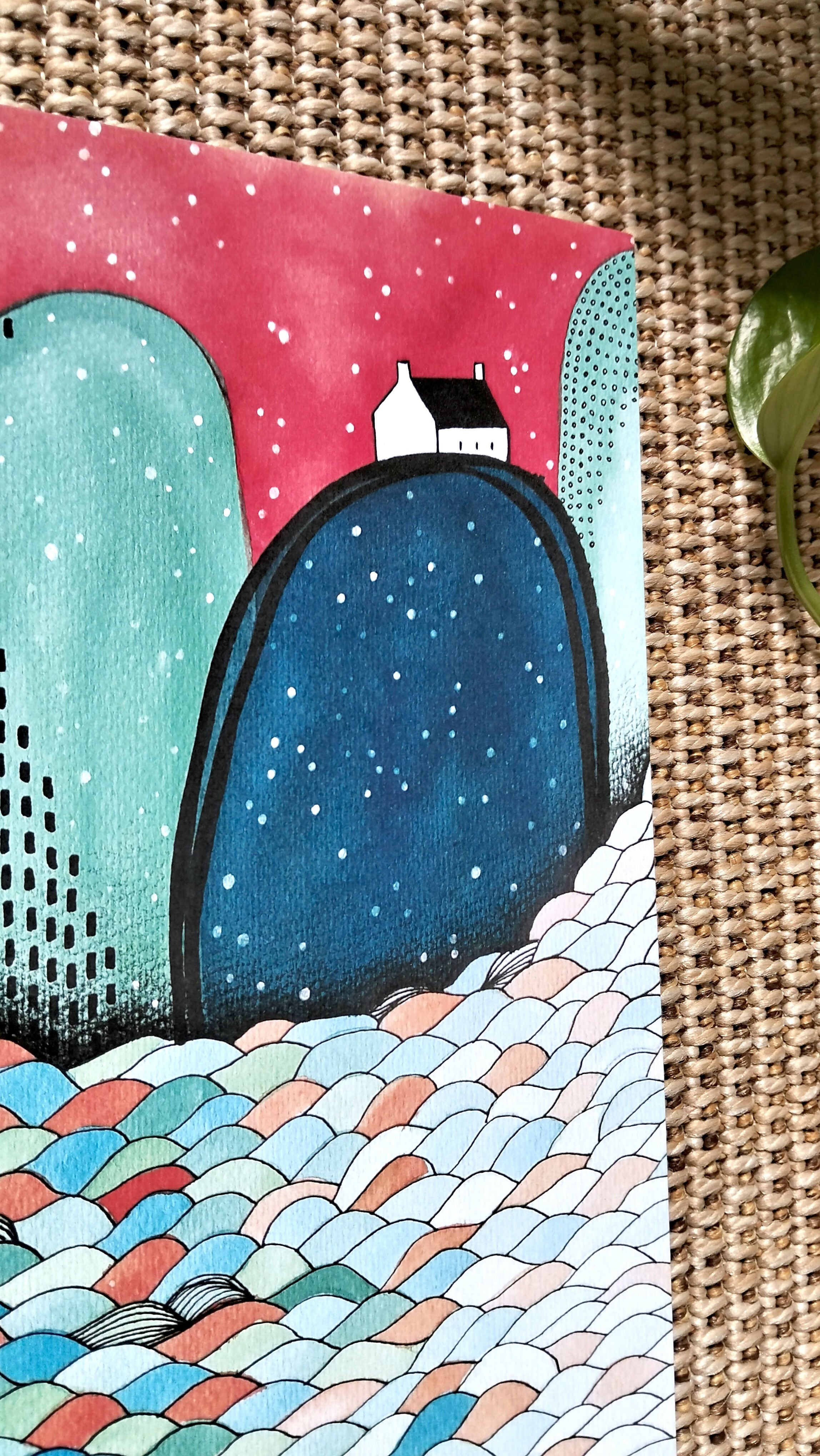 A4 Abstract Landscape Art Print | Cottage in the Snow