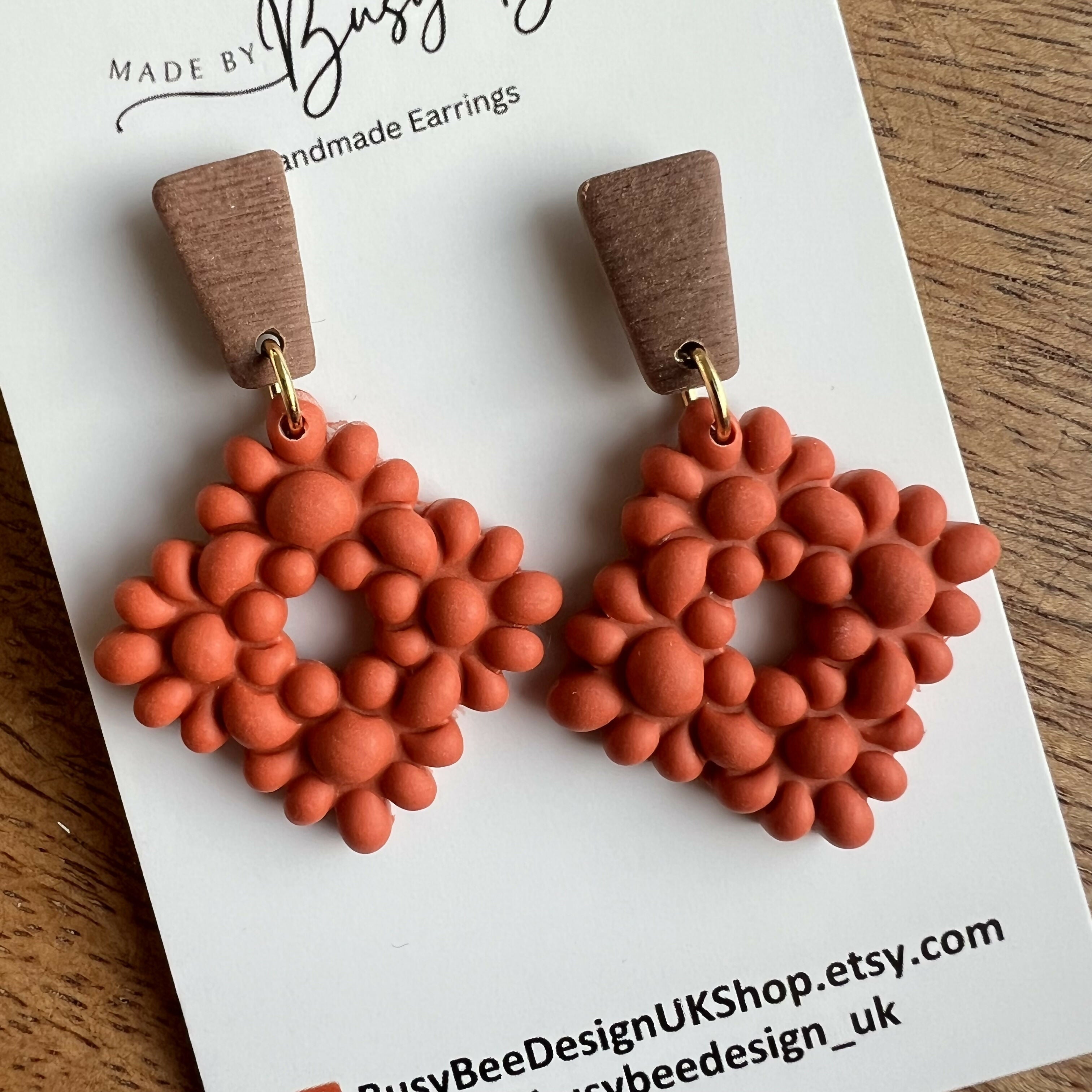 Floral Dangle Earrings – Polymer Clay Textured Earrings, Dainty Earrings, Handmade Clay Jewellery