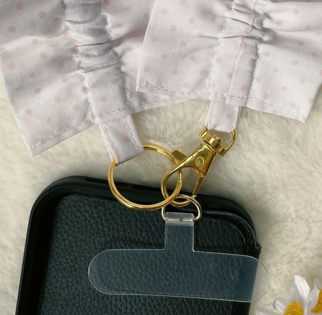 Handmade Ruffled Crossbody Phone Strap White with Pink Polka dots