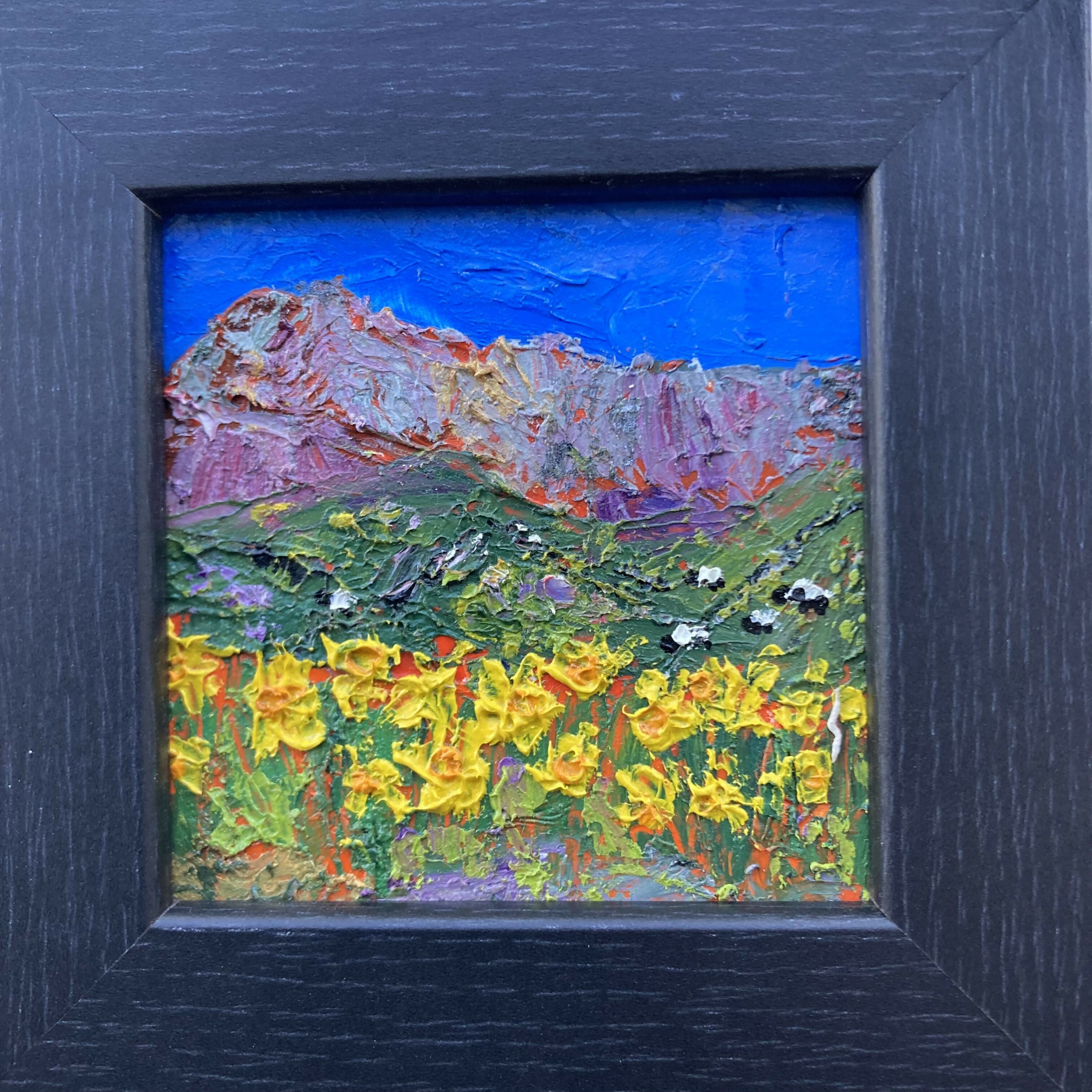 Sheep in the daffodils Black Framed Oil Painting On Wood