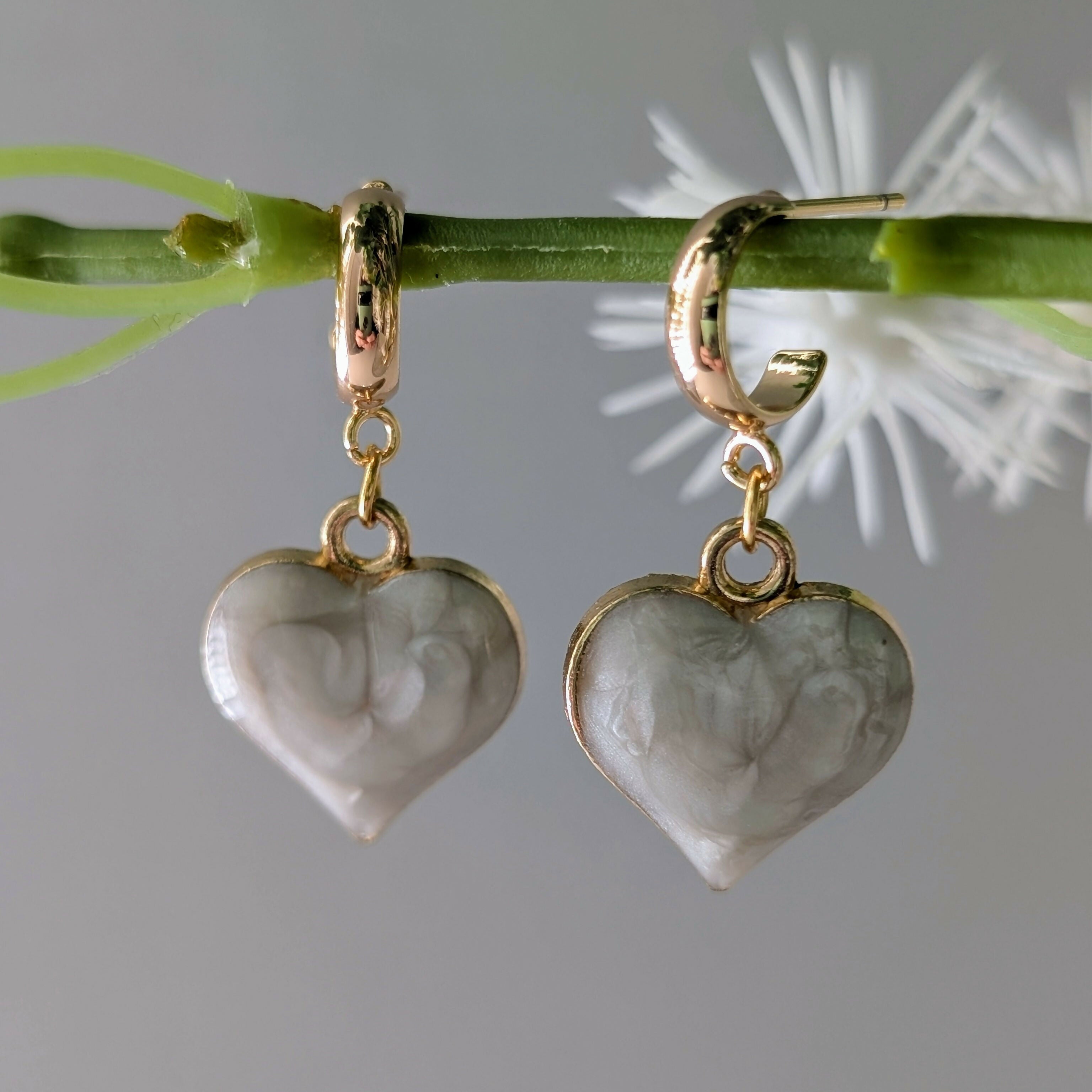 Cream Marbled Enamel Gold Heart Earrings on a Gold Plated Half Loop Huggie Stud
