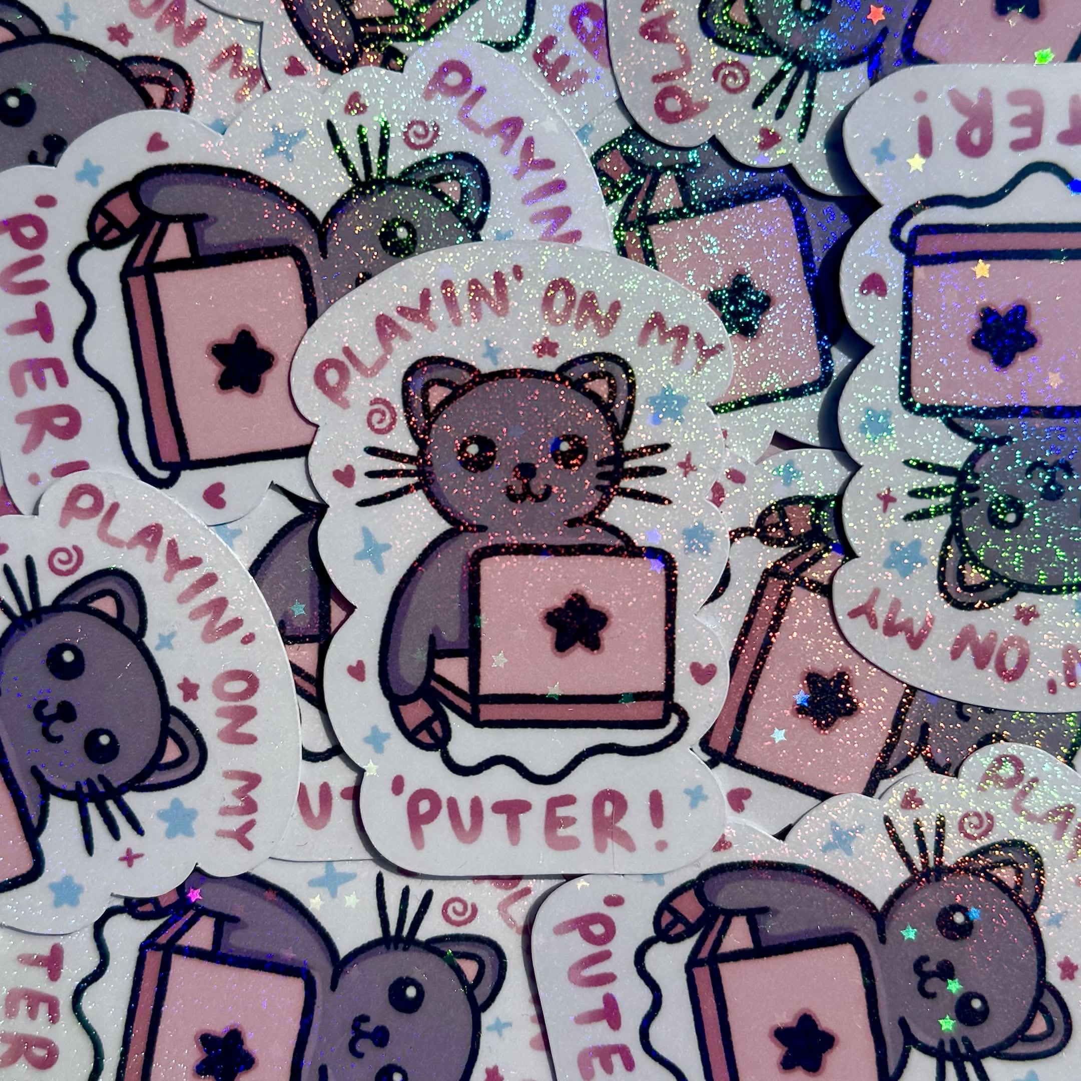 Playin' on my 'puter Cat Computer Holographic Sparkly Sticker