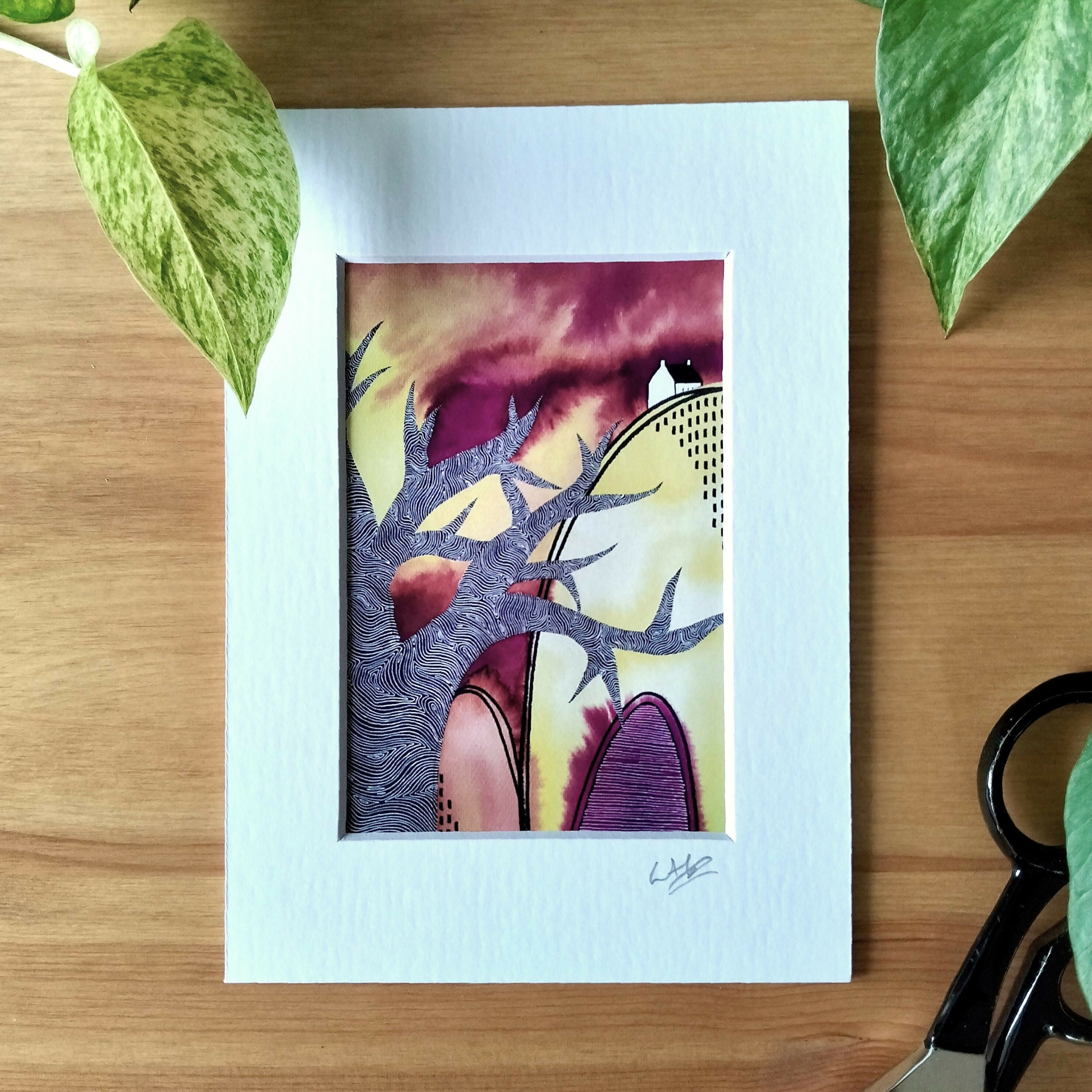 Signed Mini Art Print | Abstract Hilltop Cottage Watercolour