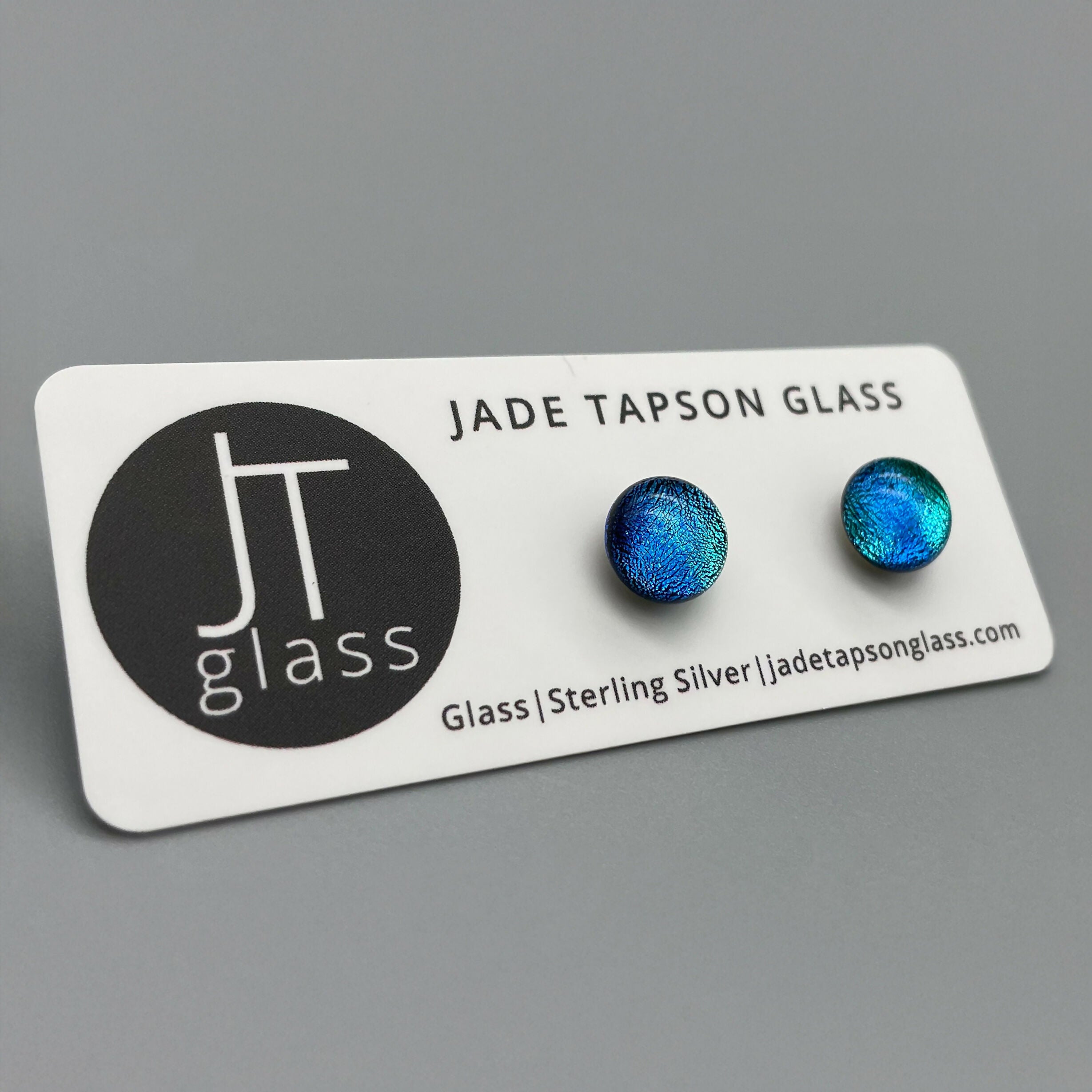 Light Blue Dichroic Fused Glass Sterling Silver Stud Earrings - Handmade by Jade Tapson Glass.