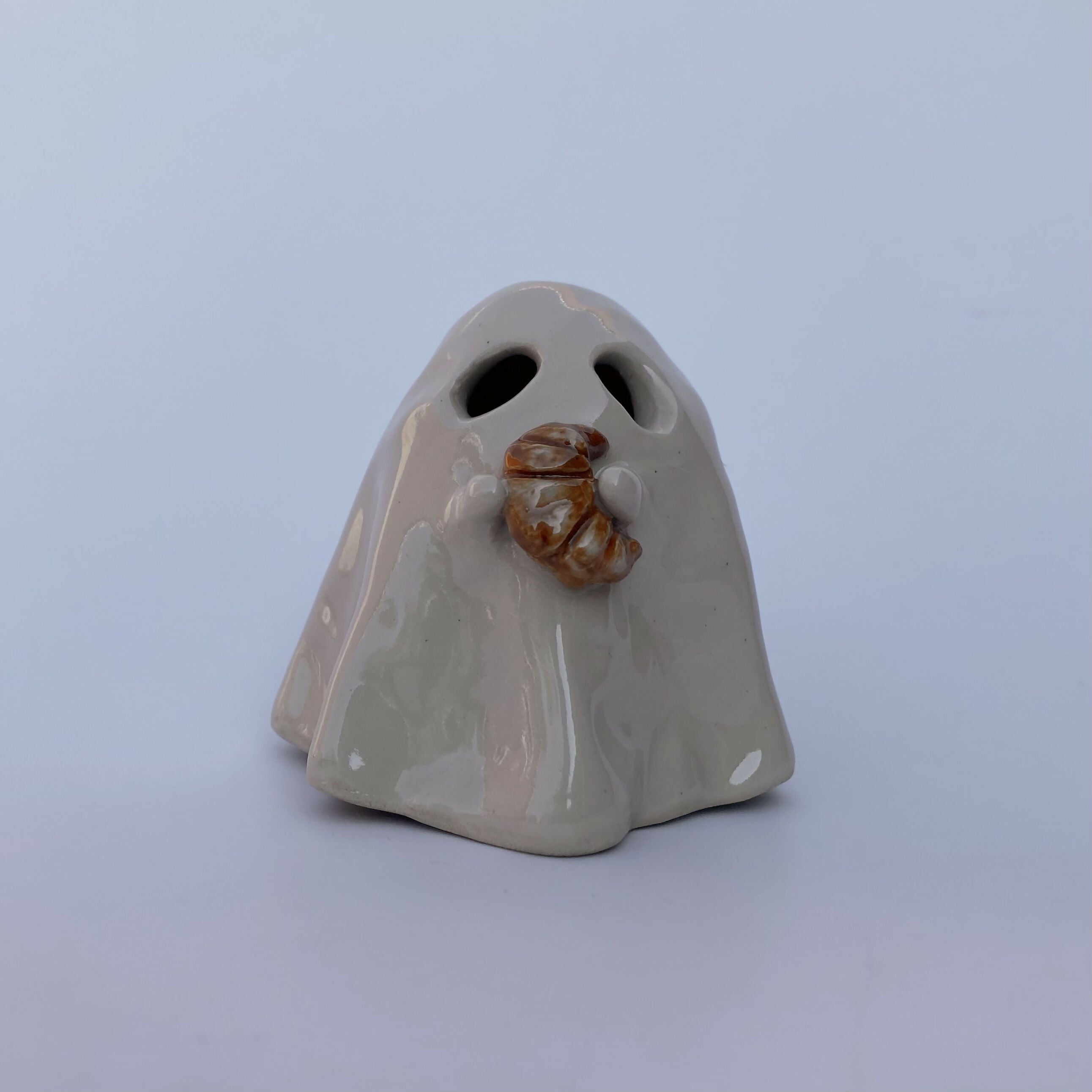 Handmade Ceramic Ghost Ornament Holding A Croissant