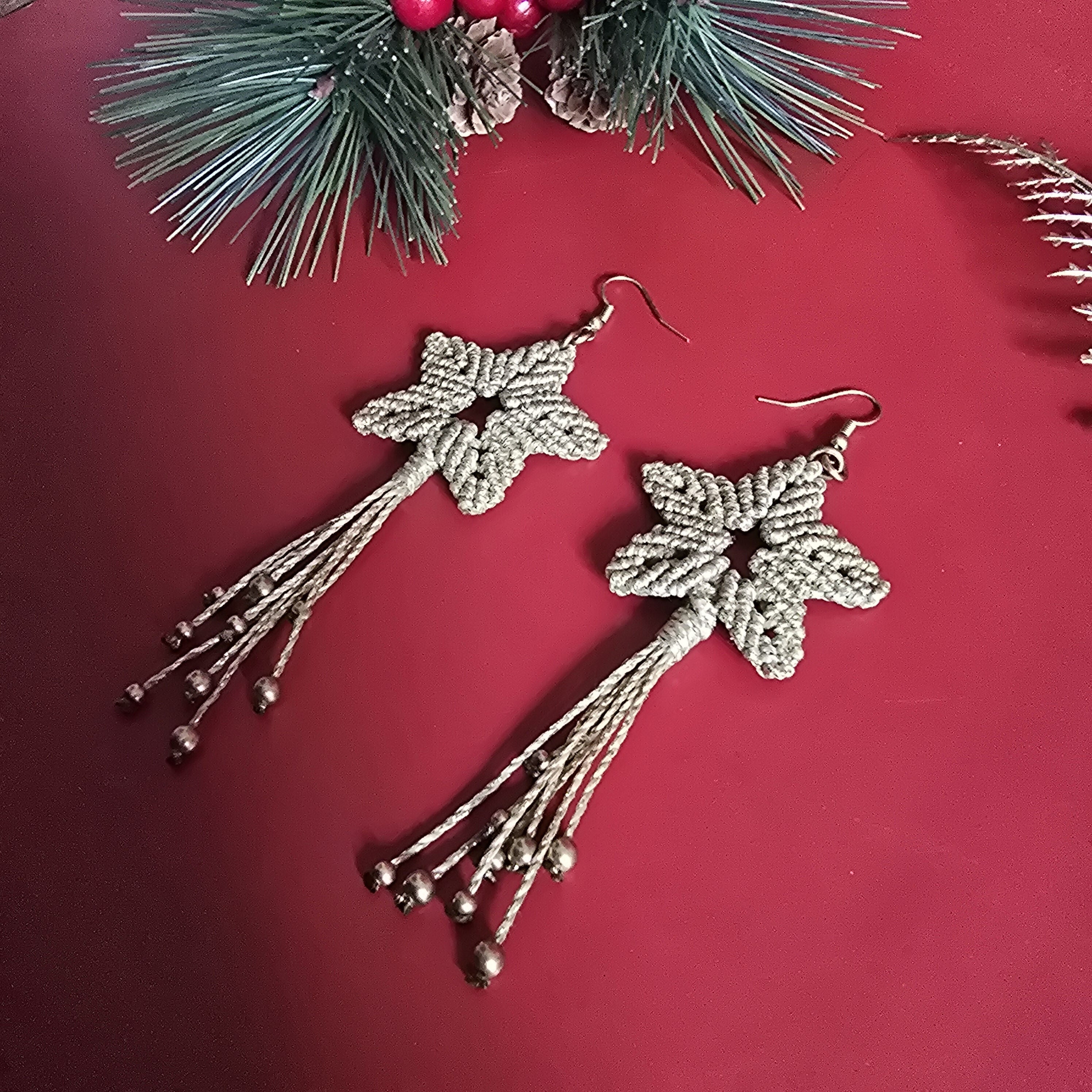 Christmas Shooting Star Earrings; Macrame Gold Sparkly Knotted Cord Festive Handmade Earrings