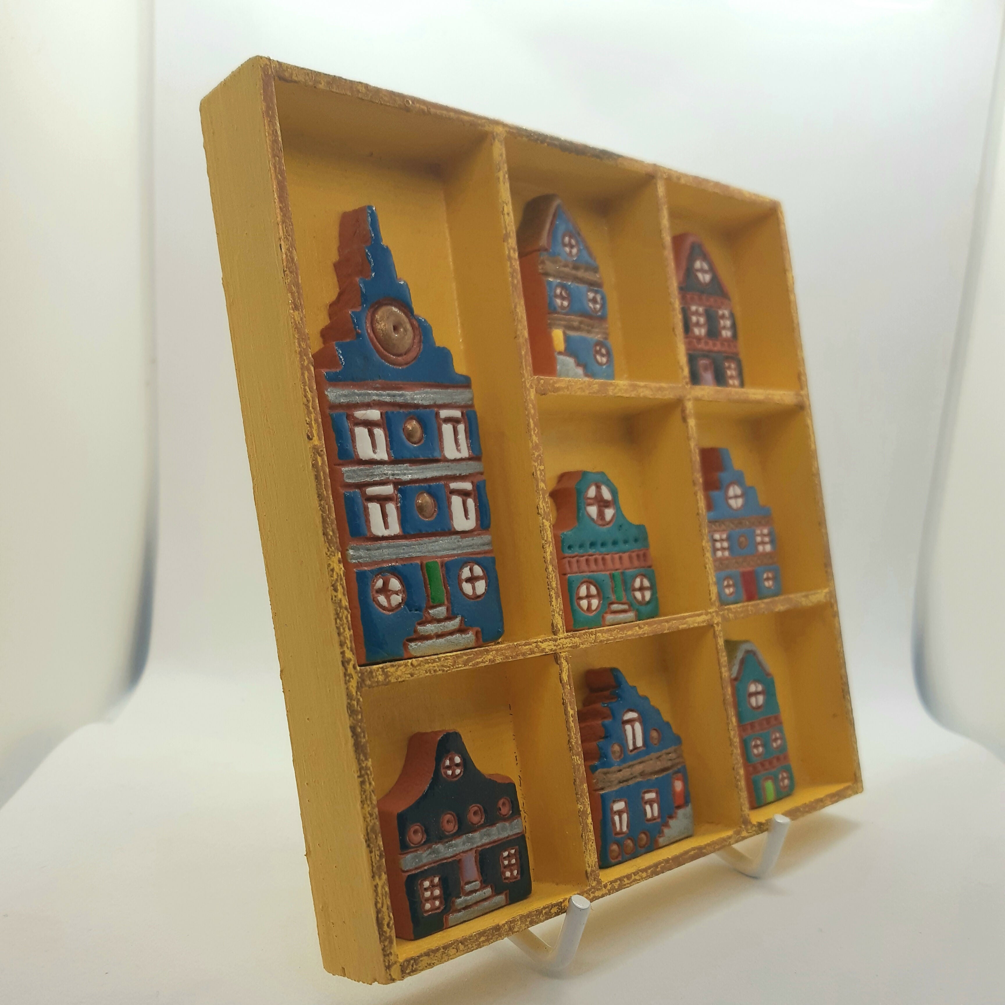 Clay Blue Painted Dutch Houses in Wooden Yellow Trinket Tray