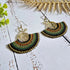 Emerald Green Fan Earrings; Bold Bohemian Macramé & Gold Wire-Art Statement Earrings