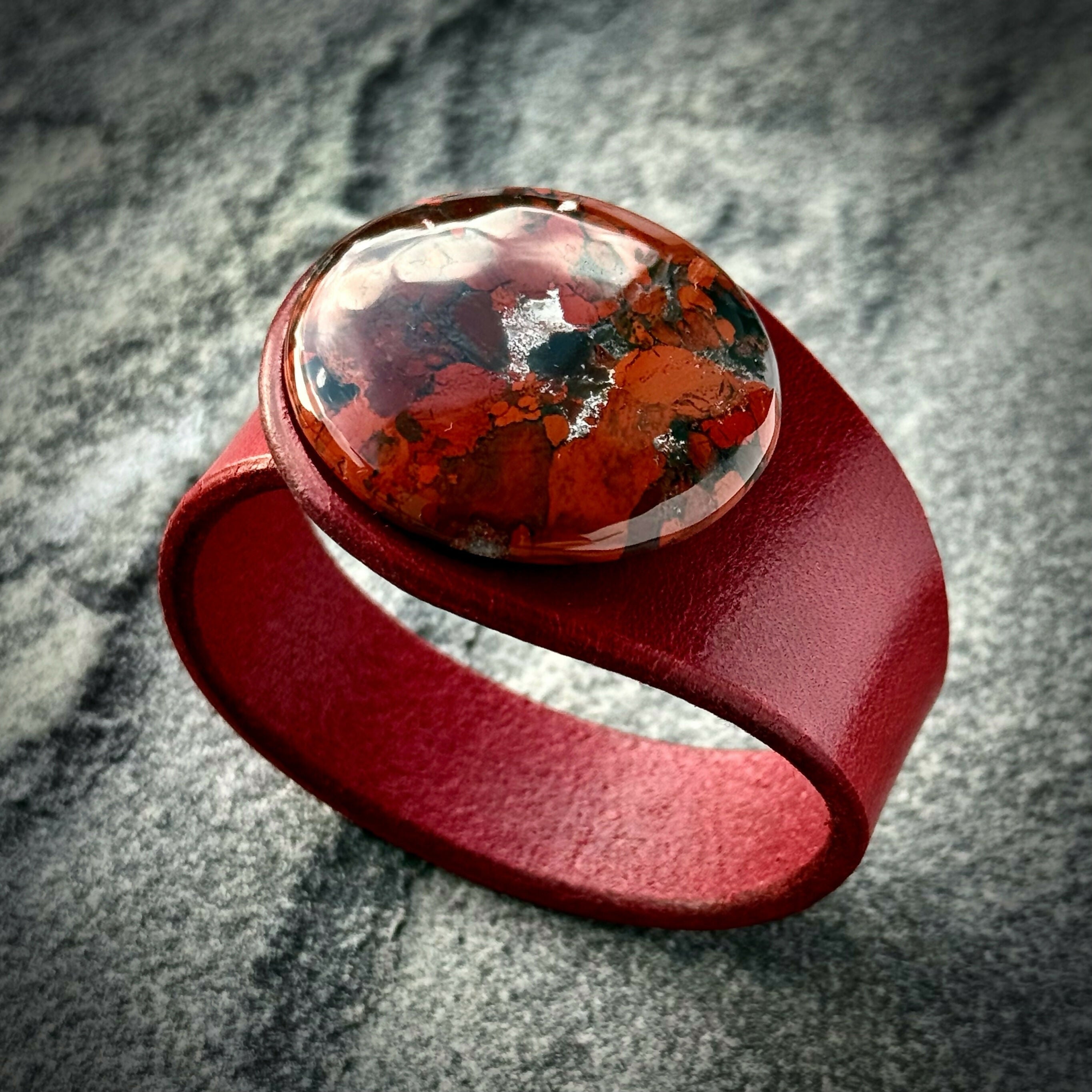 Handcrafted Natural Leather & Red Brecciated Jasper Gemstone Bracelet - Size S or M