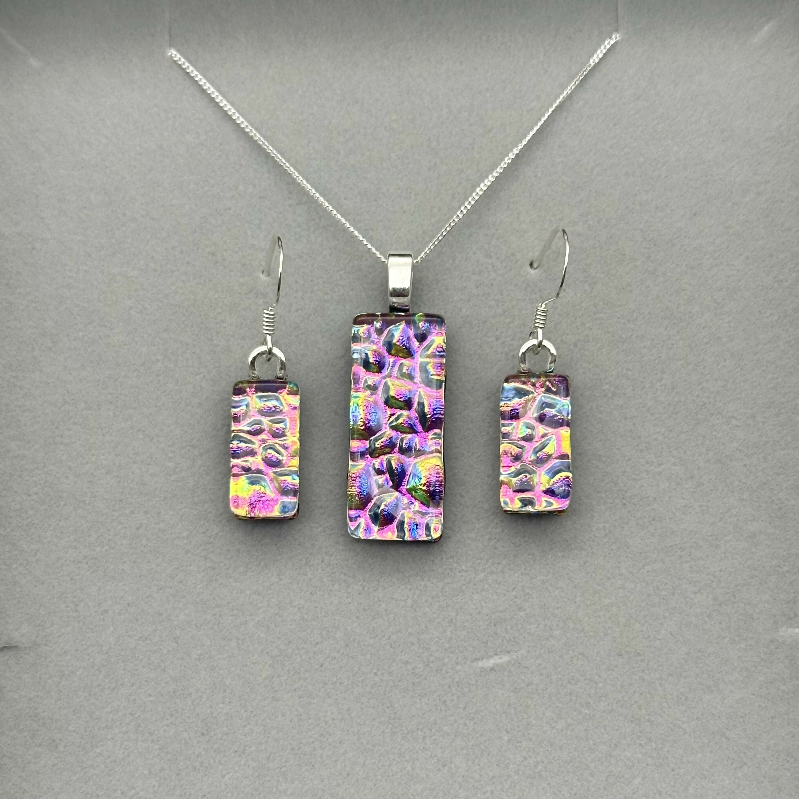 Pink Rainbow Raindrop Dichroic Glass Necklace and Earrings Set - Sterling Silver, Handmade by Jade Tapson Glass