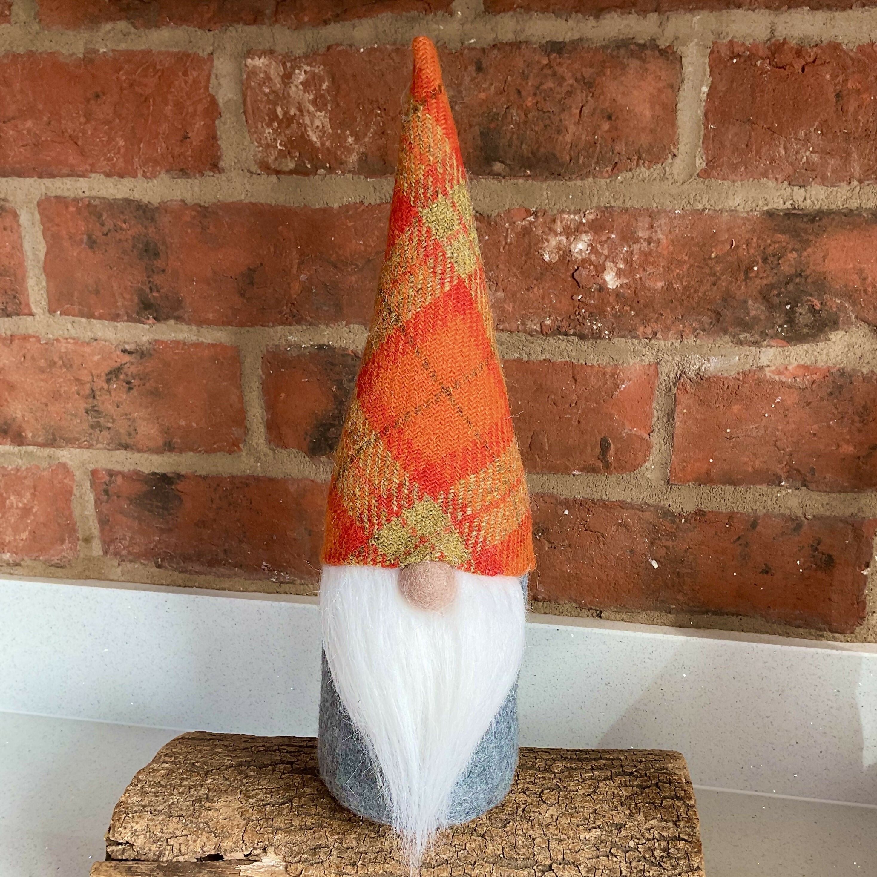 Autumn Harris Tweed Gnome Decoration, Handmade Gonk with an Orange Check Wool Hat and Long White Beard
