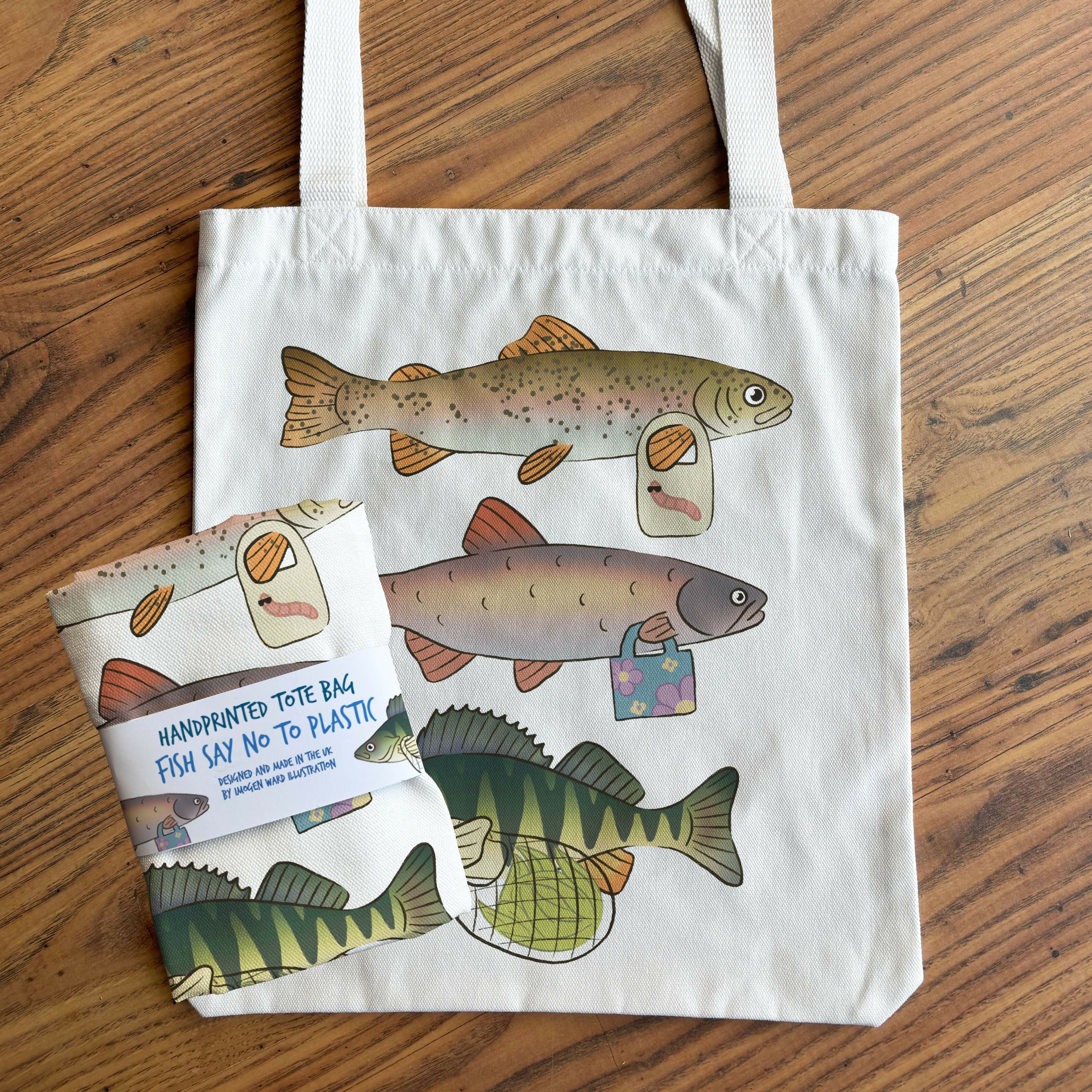 Fish say no to plastic! Handprinted, Illustrated Natural tote bag