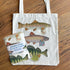 Fish say no to plastic! Handprinted, Illustrated Natural tote bag