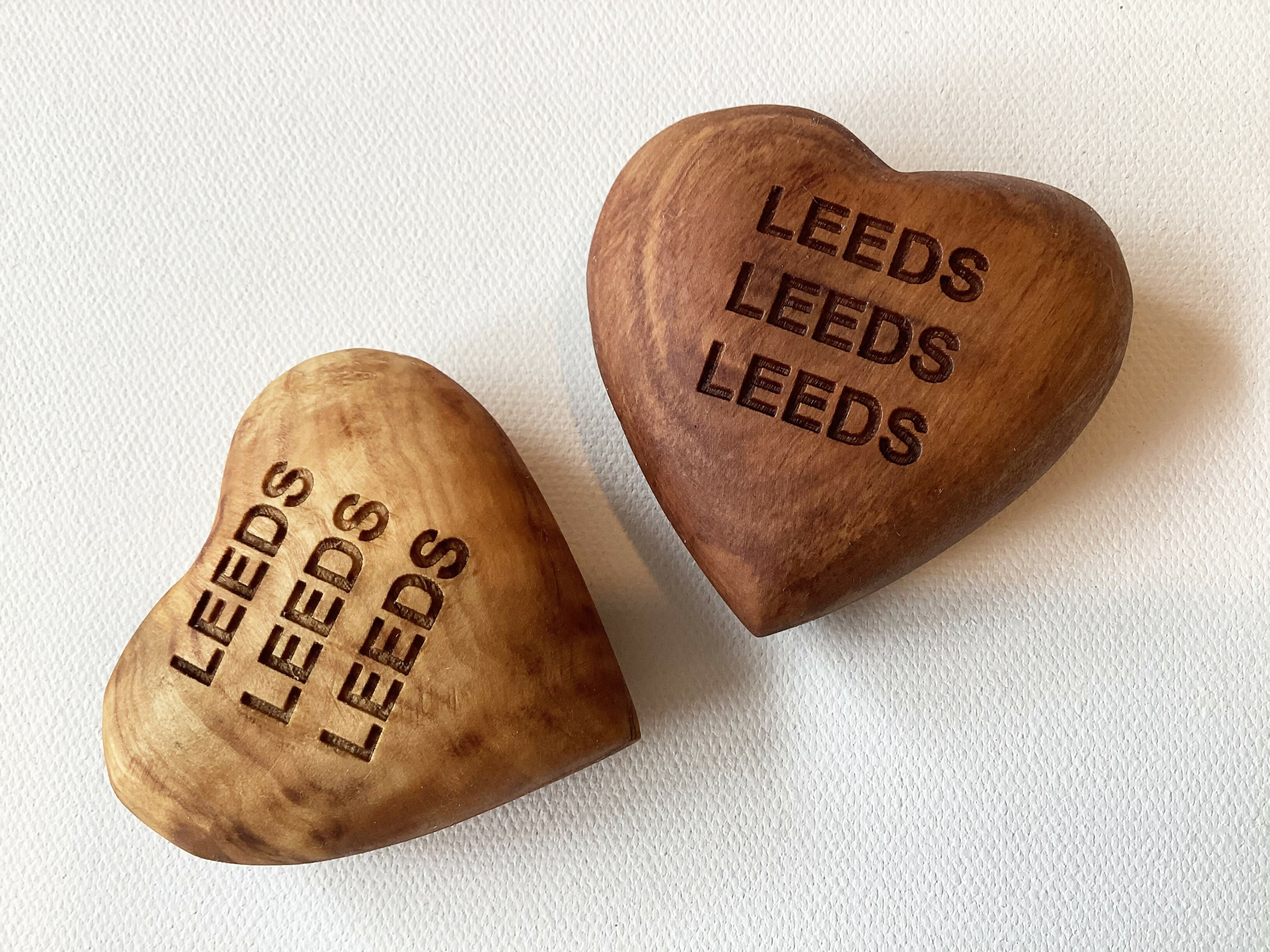 Leeds Football Fan Inspired Gift - Engraved Rustic Solid Olive Wood Heart