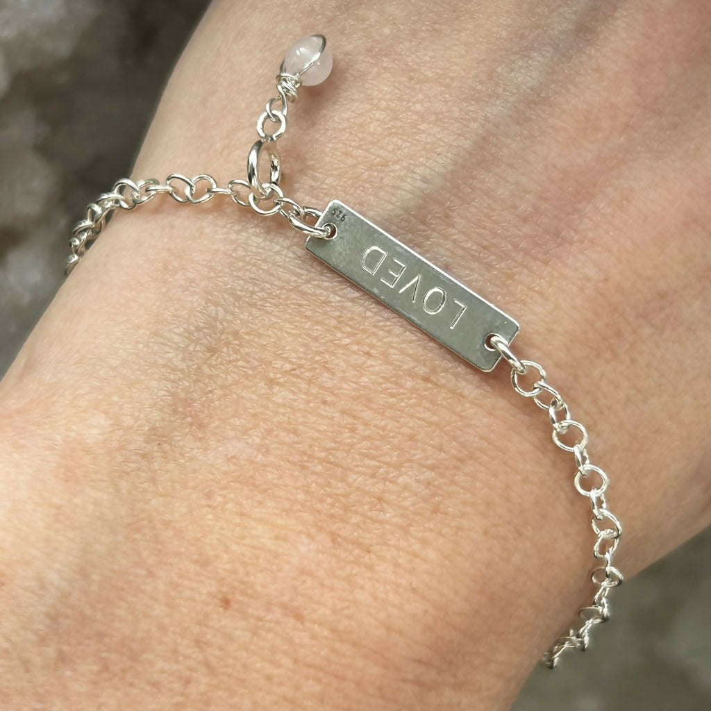Handmade Sterling Silver 'I Am Loved' Rose Quartz Charm Bracelet