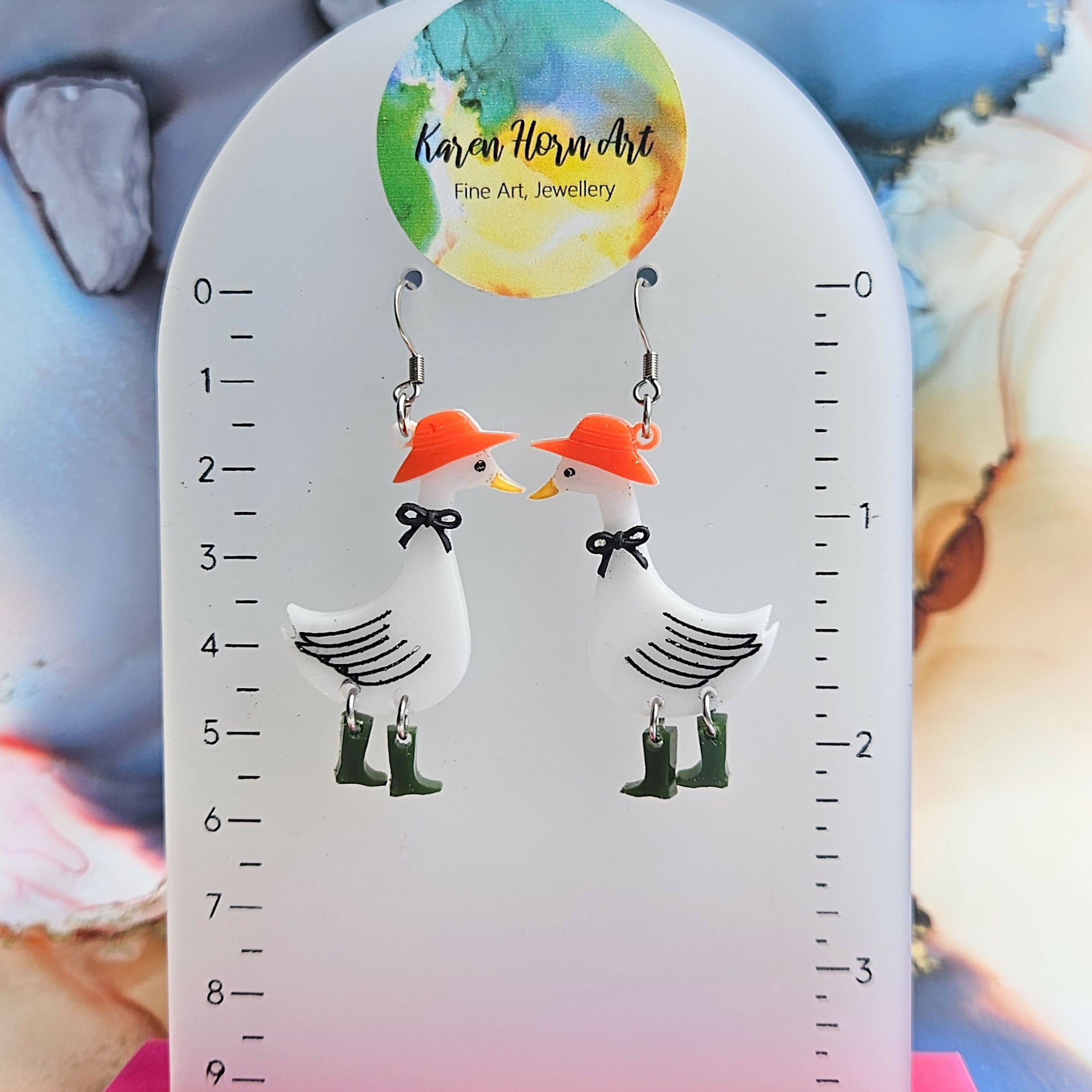 Handmade Autumn Geese With Wellies And Bows Dangle Resin Earrings