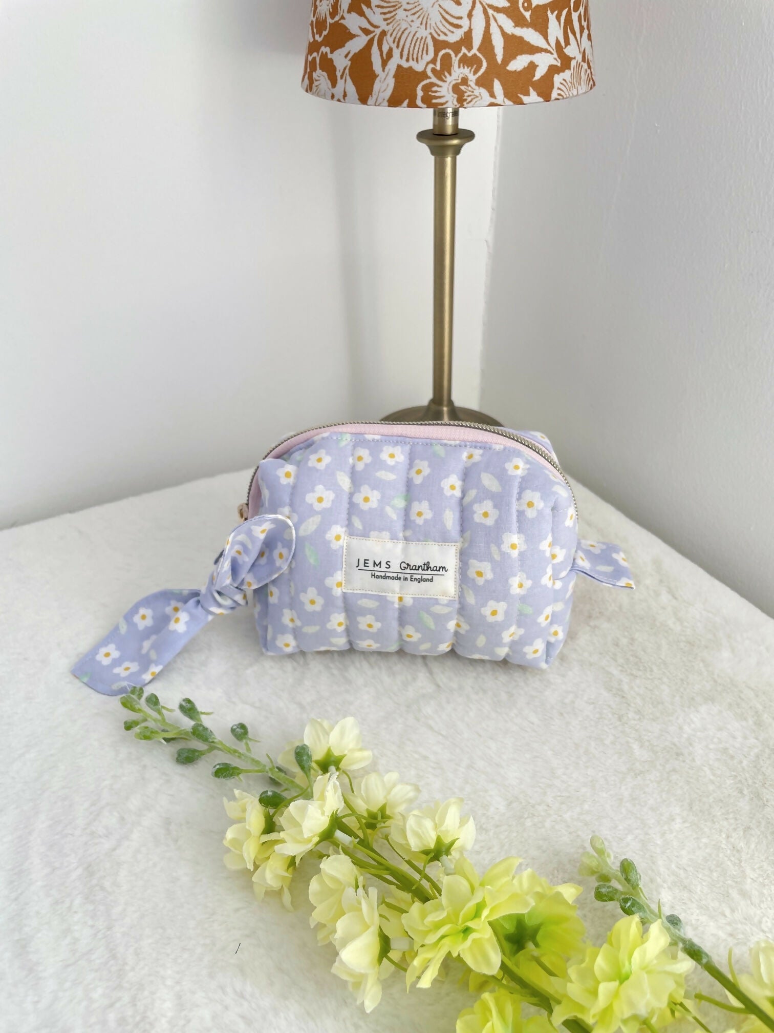 Lilac white flower print Quilted Toiletry Bag